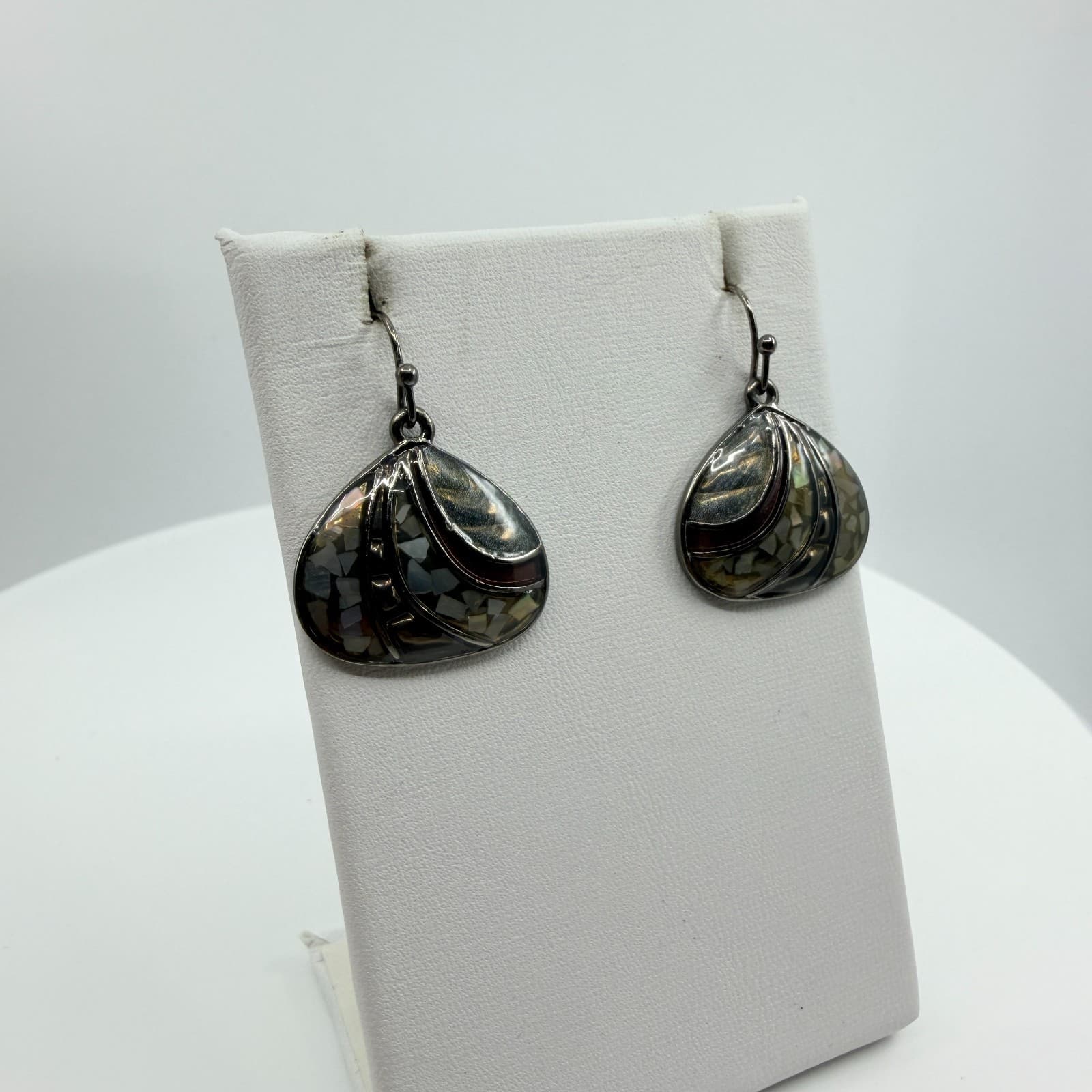 Vintage Shell Mosaic Fan Pendant Necklace Earrings Set Mother of Pearl Tone Boho - Thumbnail 10