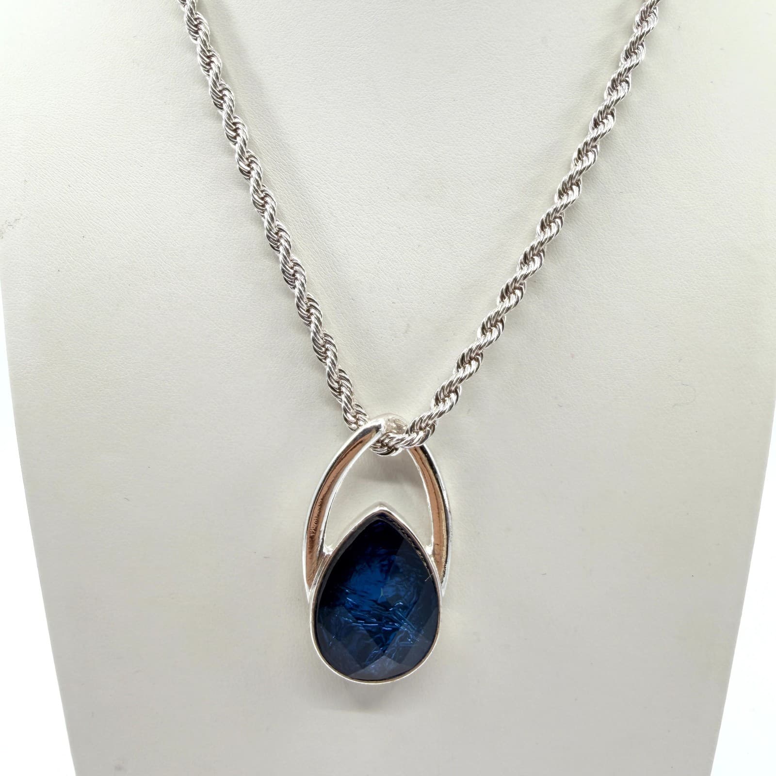 Vintage Silver Tone Deep Blue Teardrop Pendant Necklace Earrings Set Rope Chain - Thumbnail 2