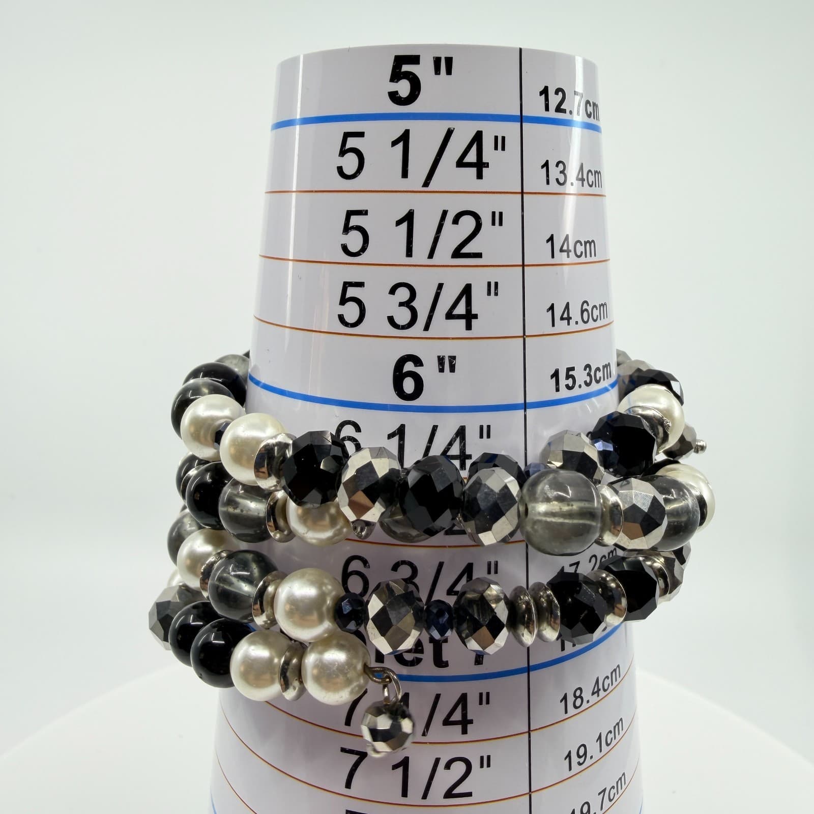 Vintage Silver Tone Black White Faux Pearl Beaded Stretch Bracelet Chunky Bold - Thumbnail 9