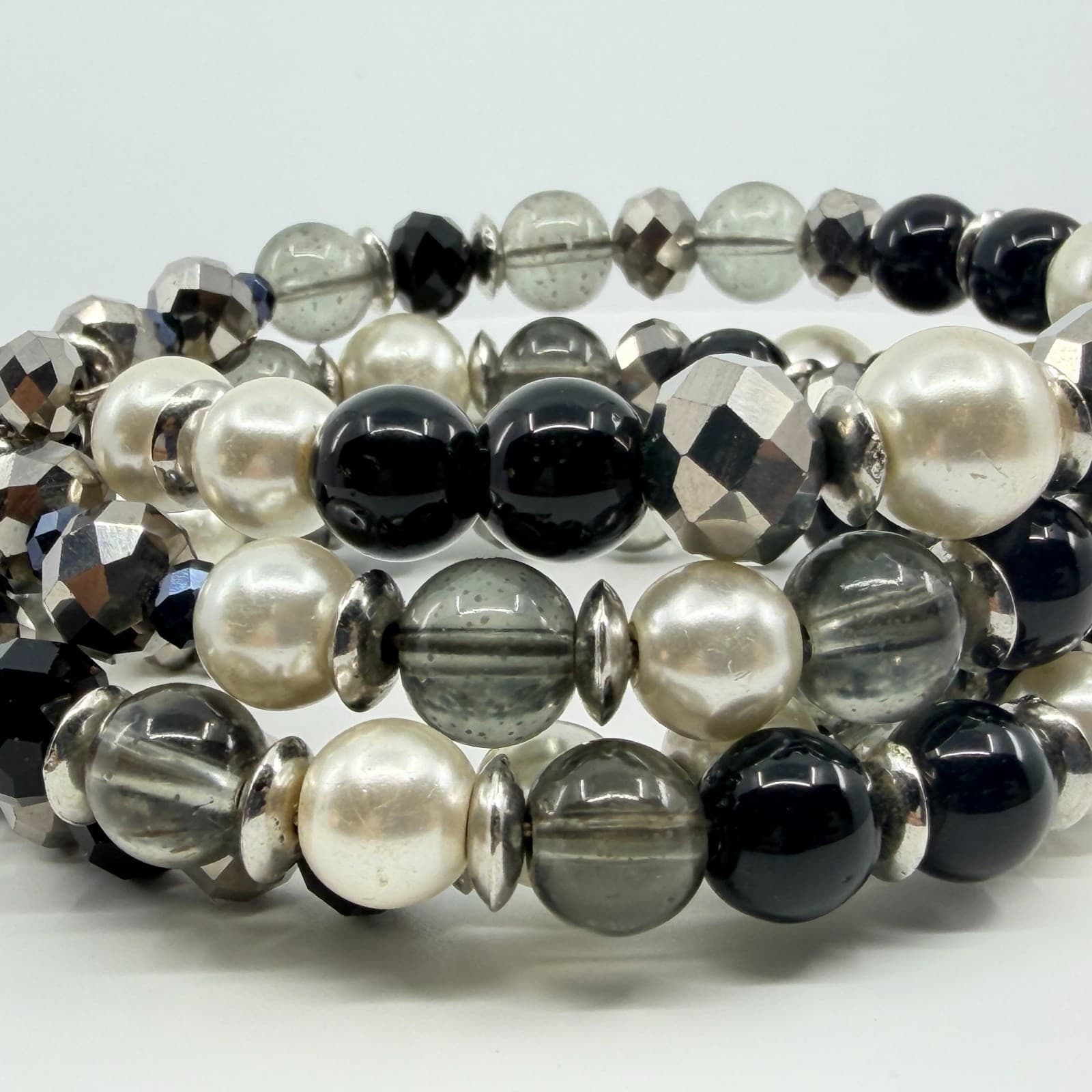 Vintage Silver Tone Black White Faux Pearl Beaded Stretch Bracelet Chunky Bold - Thumbnail 5