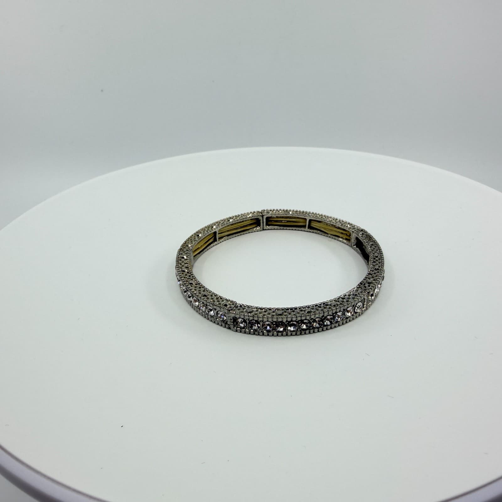 Vintage Silver Tone Clear Rhinestone Stretch Bracelet Pave Panel Statement 90s - Thumbnail 6