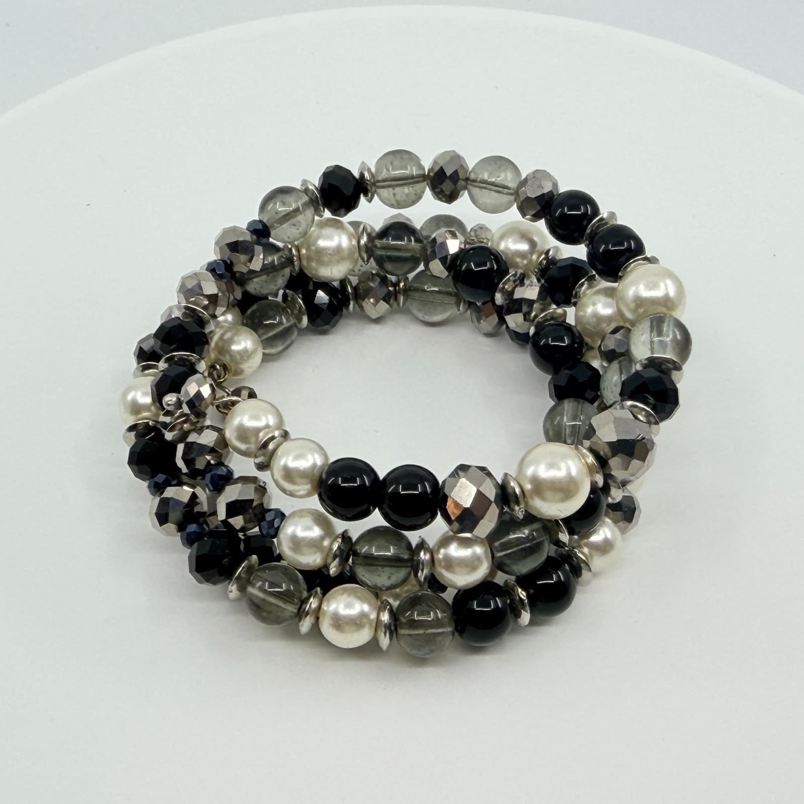 Vintage Silver Tone Black White Faux Pearl Beaded Stretch Bracelet Chunky Bold - Thumbnail 4