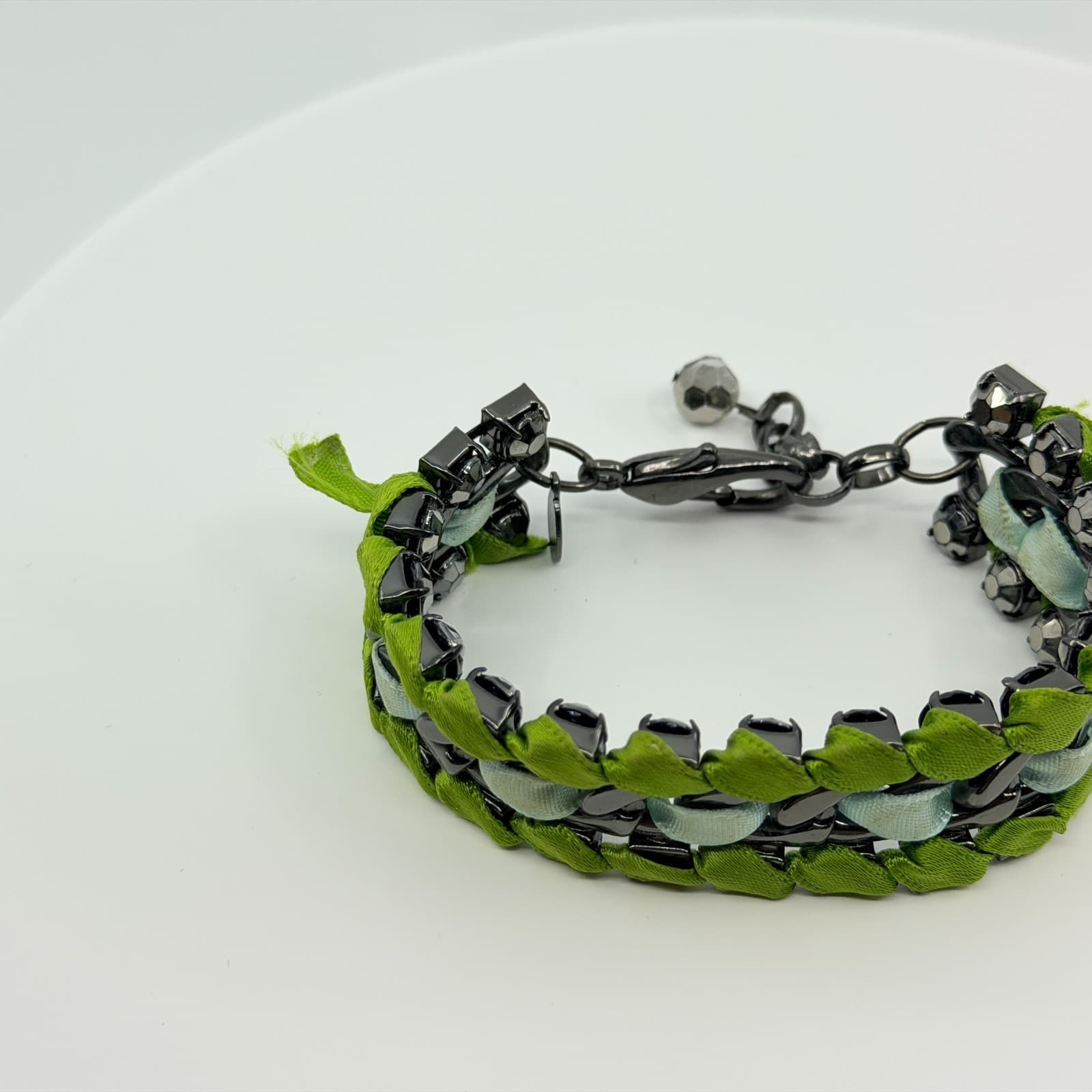 Vintage Gunmetal Green Ribbon Woven Bracelet Rhinestone Statement Mixed Media - Thumbnail 4