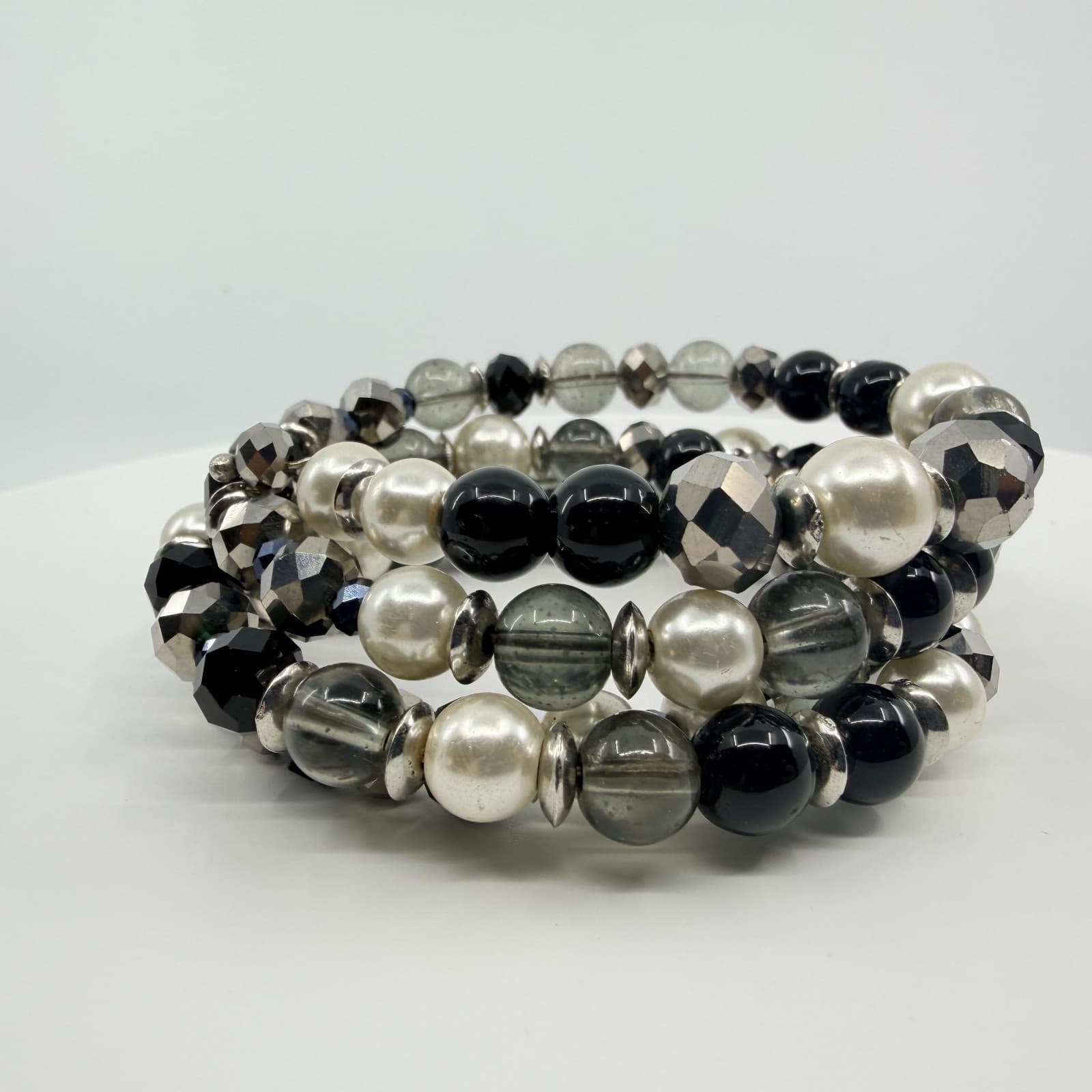 Vintage Silver Tone Black White Faux Pearl Beaded Stretch Bracelet Chunky Bold - Thumbnail 2