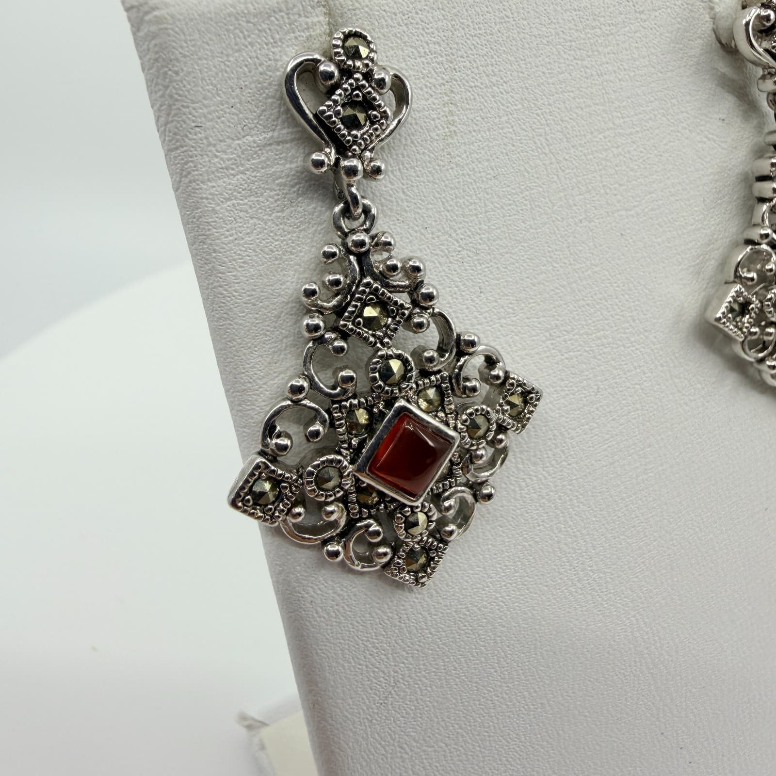 Vintage Silver Tone Red Stone Jewelry Set Victorian Style Filigree Earrings Boho - Thumbnail 5