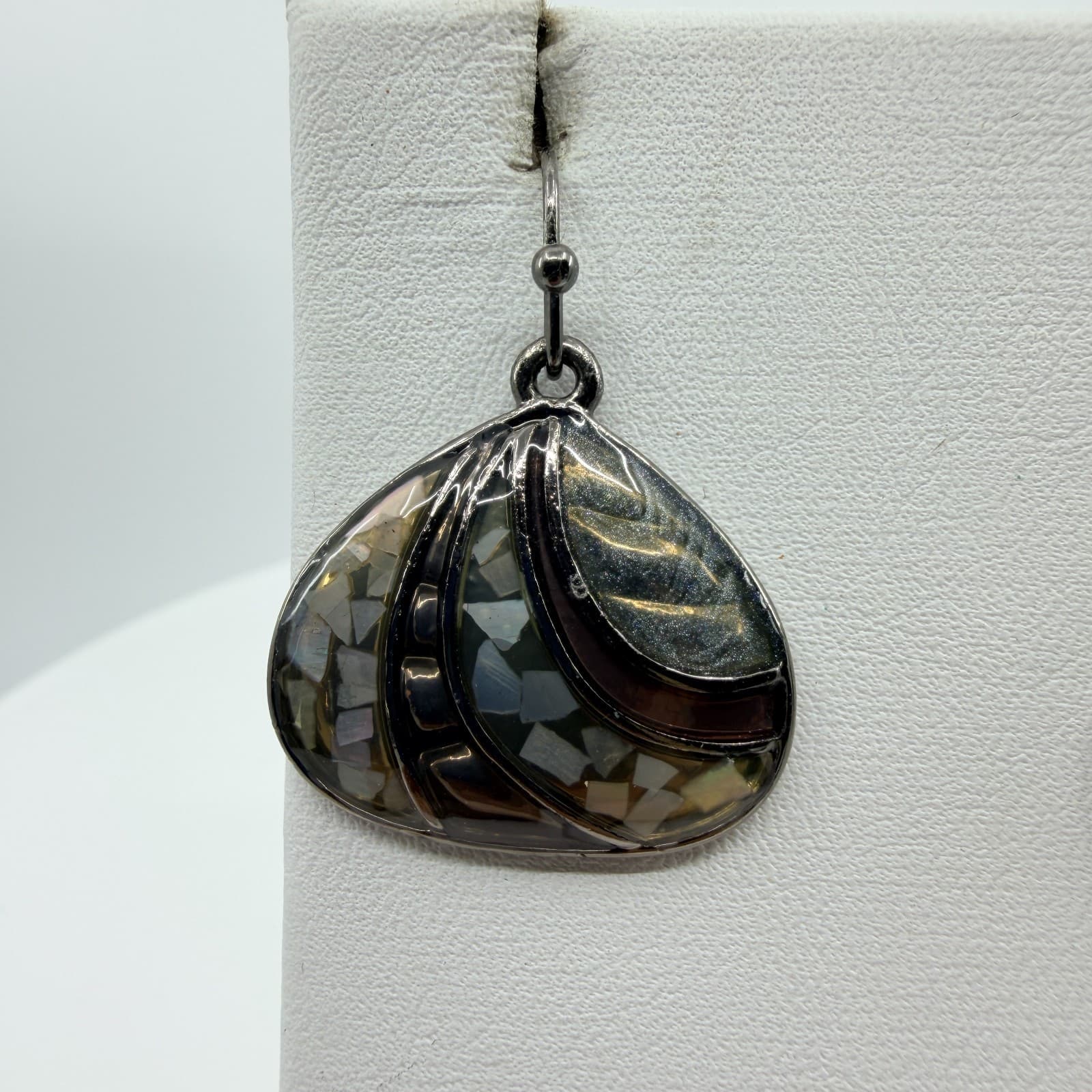Vintage Shell Mosaic Fan Pendant Necklace Earrings Set Mother of Pearl Tone Boho - Thumbnail 8