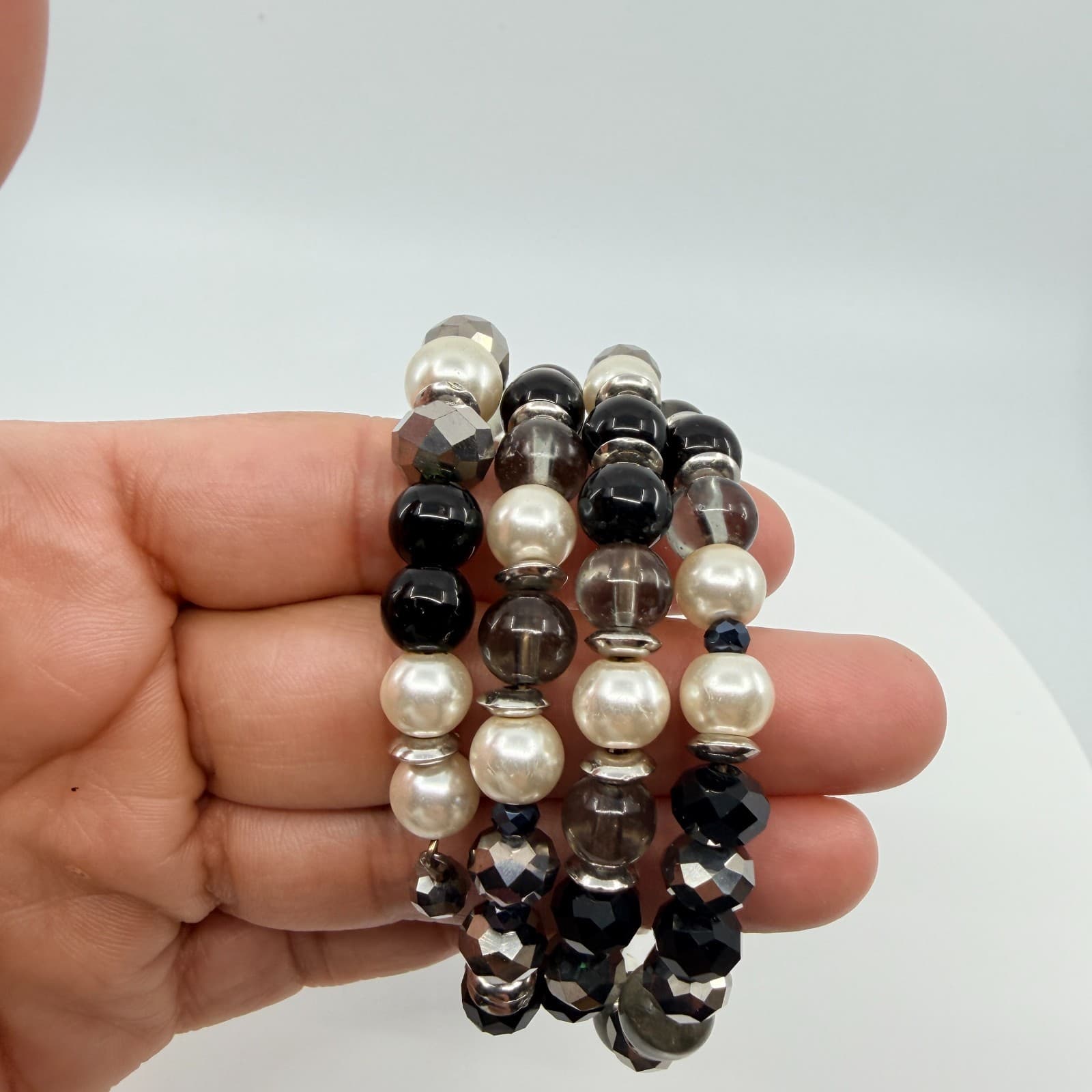 Vintage Silver Tone Black White Faux Pearl Beaded Stretch Bracelet Chunky Bold - Thumbnail 8