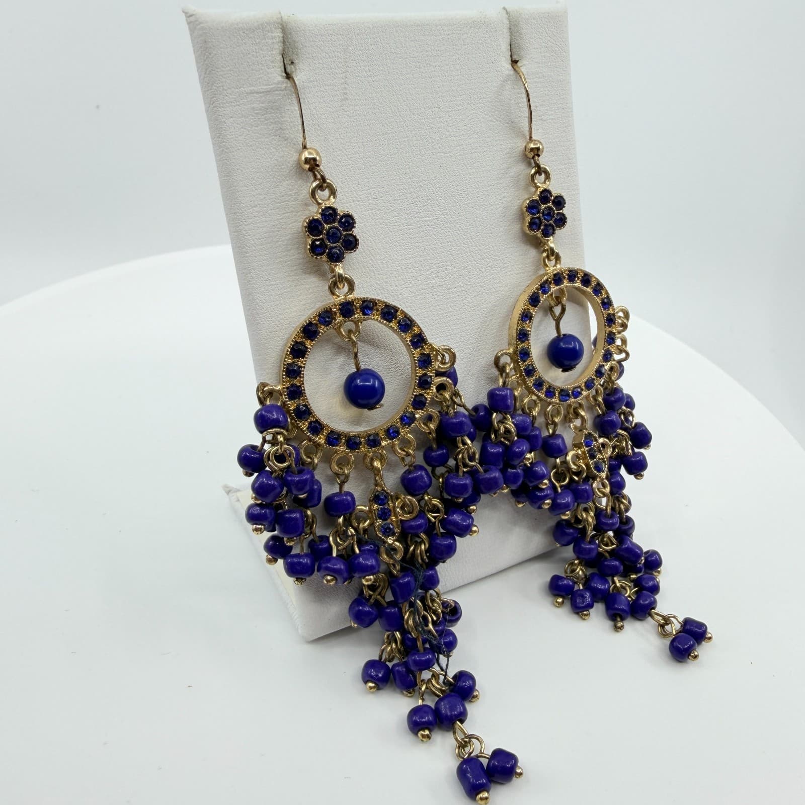 Vintage Gold Tone Blue Beaded Jhumka Earrings Indian Chandelier Dangle Boho Y2K - Thumbnail 4