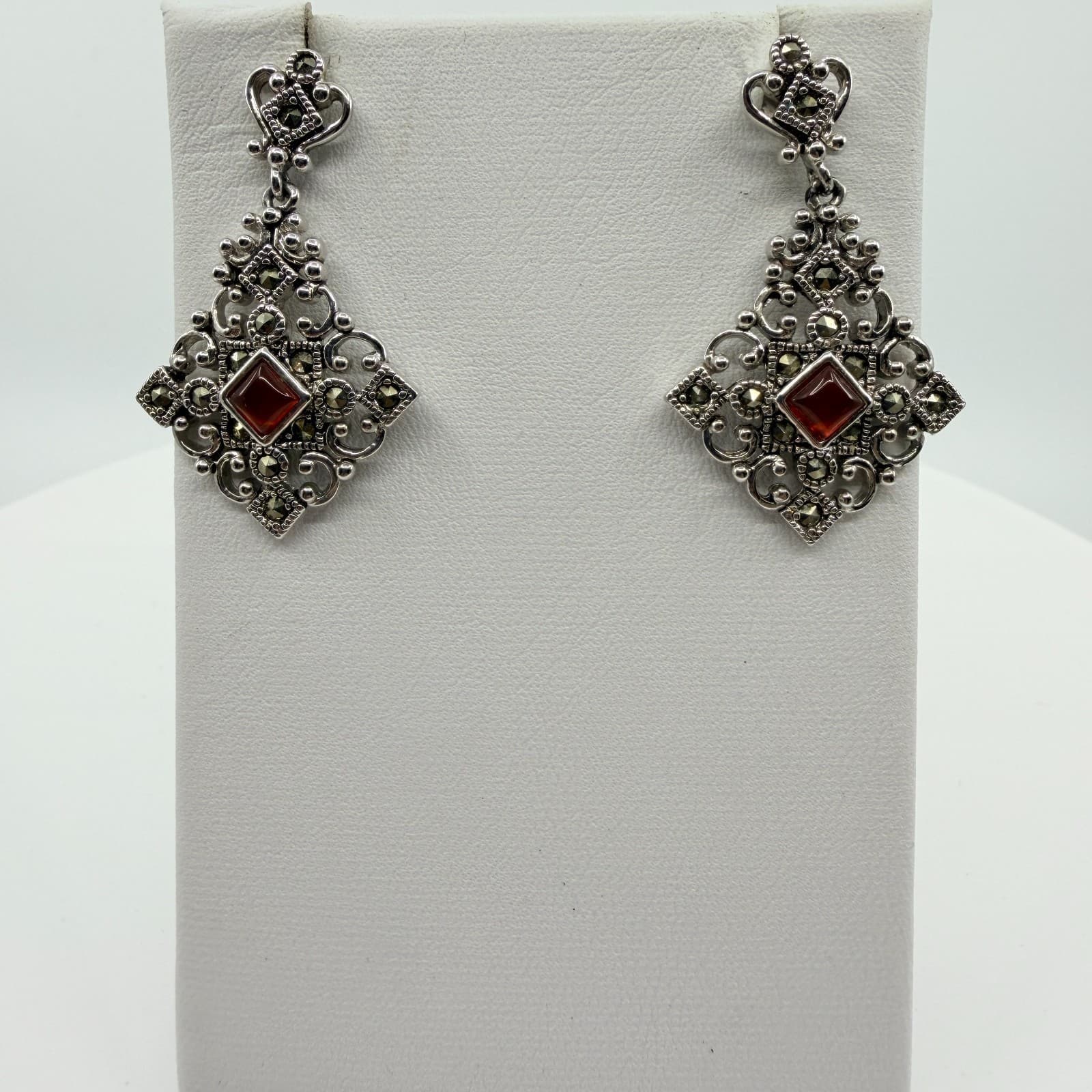 Vintage Silver Tone Red Stone Jewelry Set Victorian Style Filigree Earrings Boho - Thumbnail 2