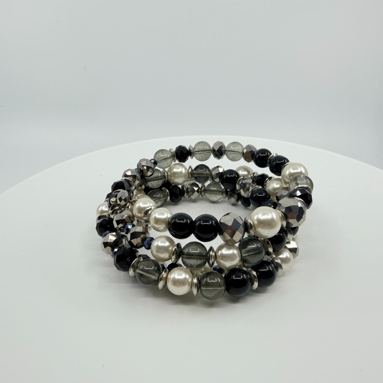 Vintage Silver Tone Black White Faux Pearl Beaded Stretch Bracelet Chunky Bold - Thumbnail 3