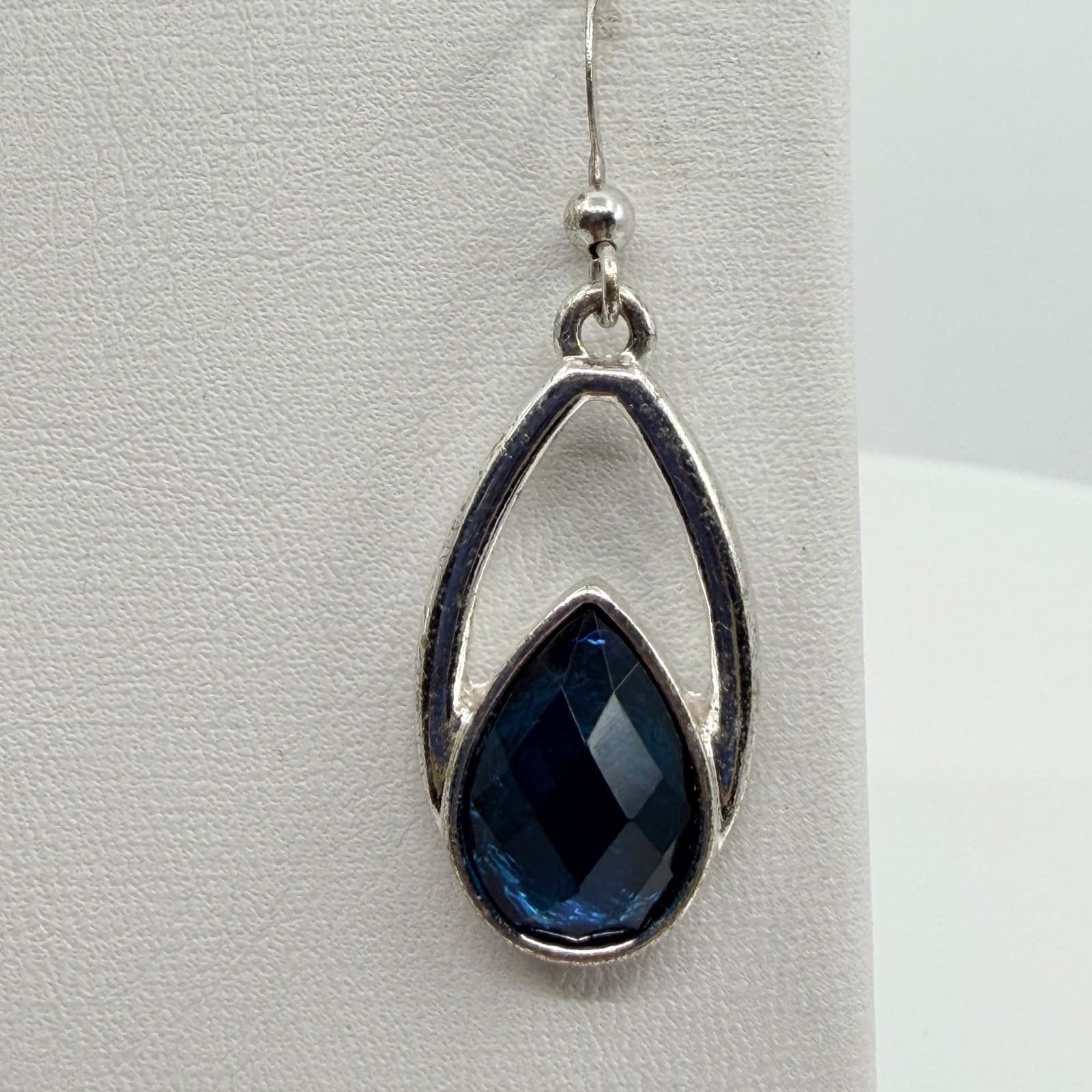 Vintage Silver Tone Deep Blue Teardrop Pendant Necklace Earrings Set Rope Chain - Thumbnail 10