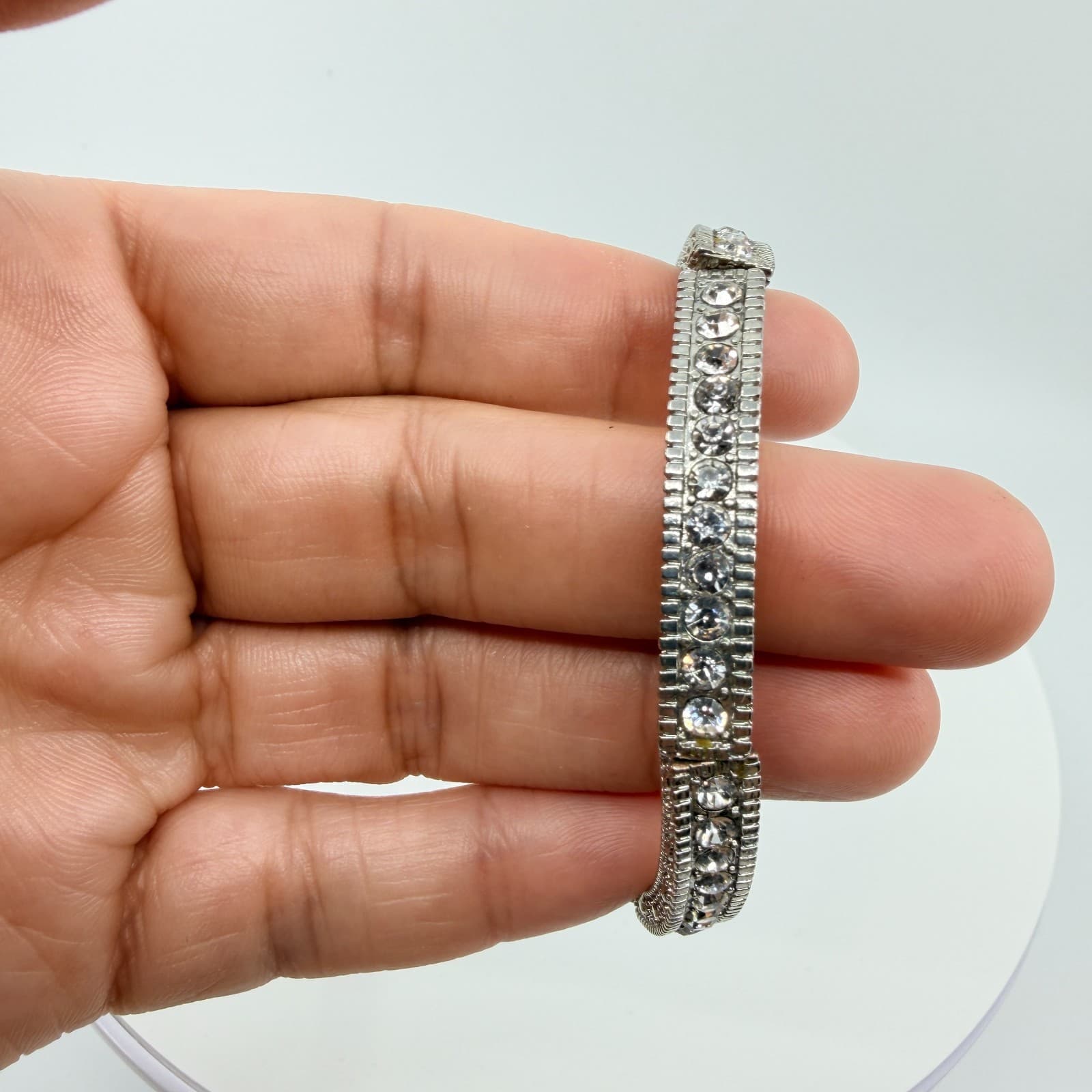 Vintage Silver Tone Clear Rhinestone Stretch Bracelet Pave Panel Statement 90s - Thumbnail 7