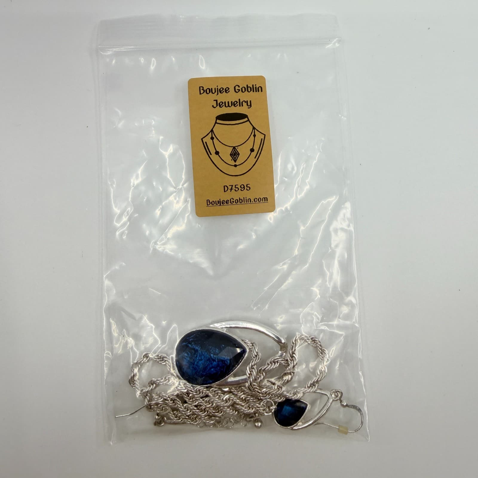 Vintage Silver Tone Deep Blue Teardrop Pendant Necklace Earrings Set Rope Chain - Thumbnail 13