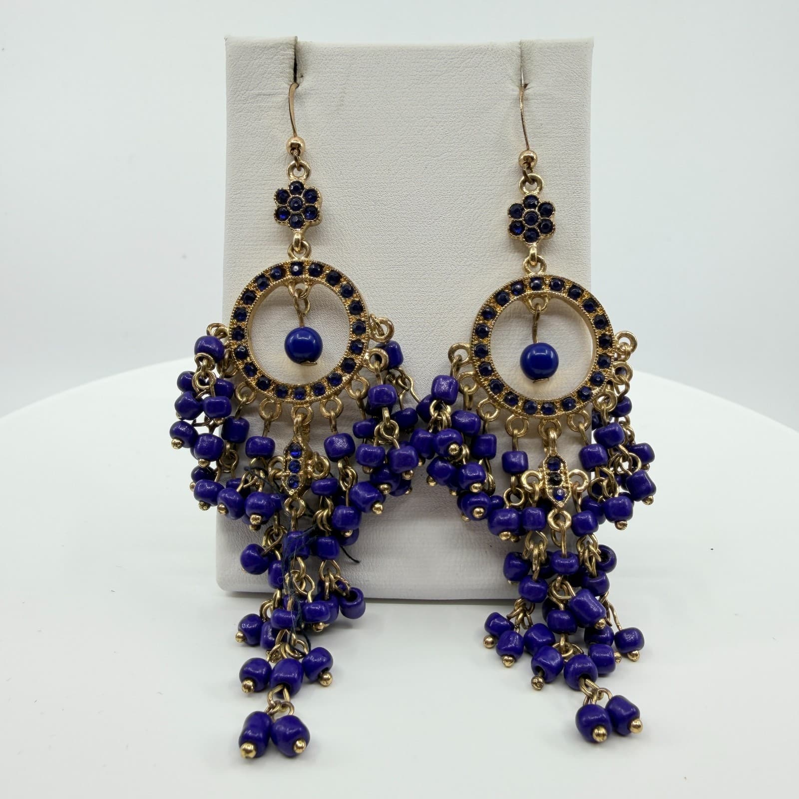 Vintage Gold Tone Blue Beaded Jhumka Earrings Indian Chandelier Dangle Boho Y2K - Thumbnail 2