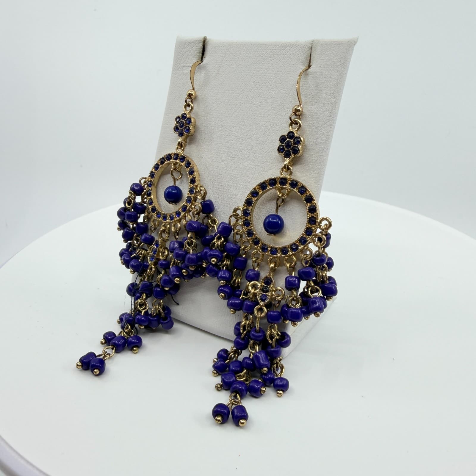 Vintage Gold Tone Blue Beaded Jhumka Earrings Indian Chandelier Dangle Boho Y2K - Thumbnail 5