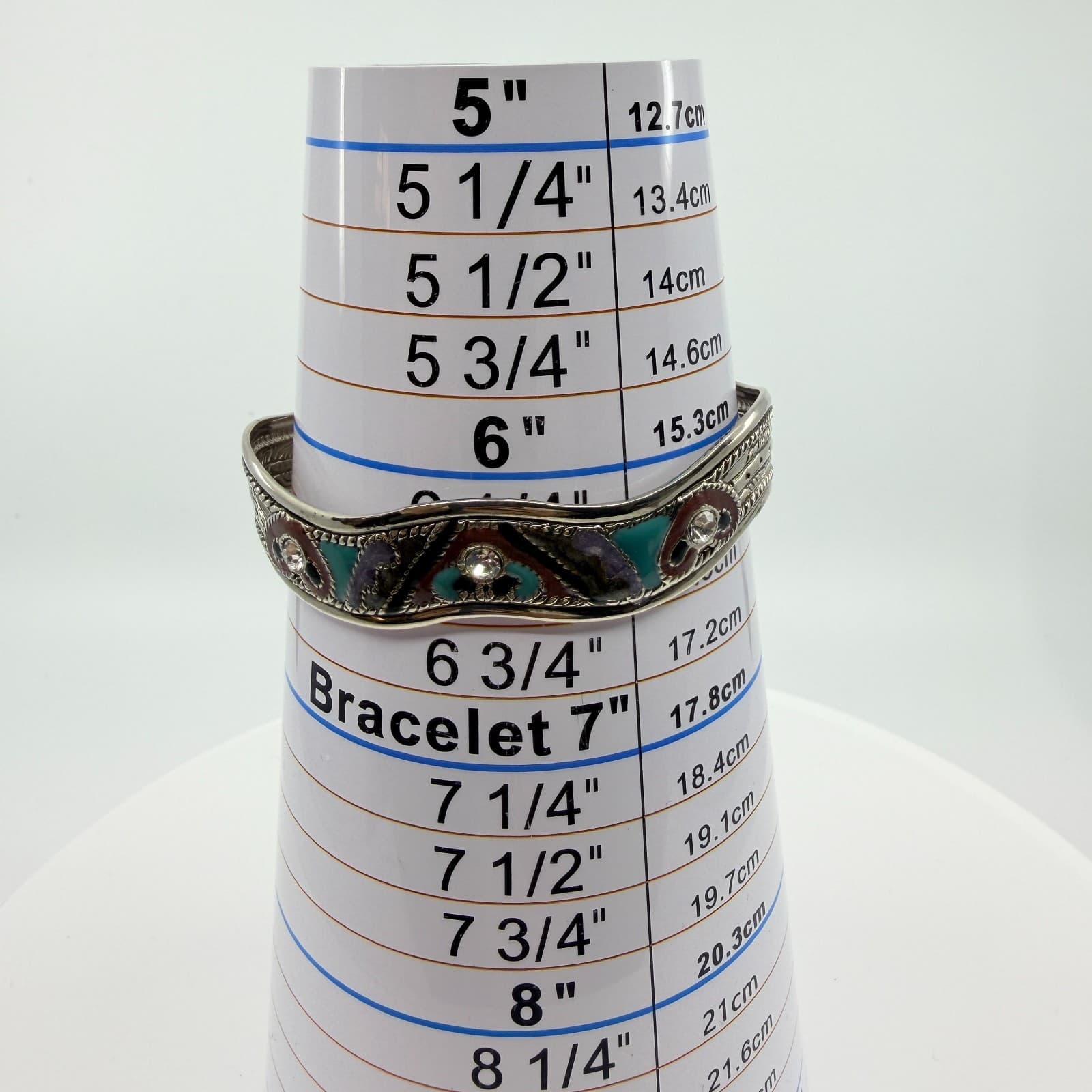 Vintage Silver Tone Tibetan Enamel Rhinestone Cuff Bracelet Ethnic Boho Tribal - Thumbnail 9