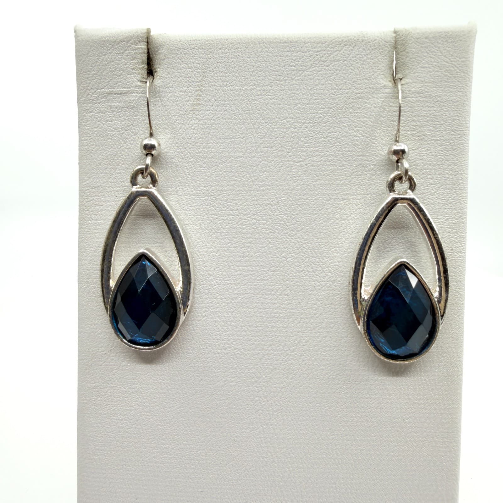 Vintage Silver Tone Deep Blue Teardrop Pendant Necklace Earrings Set Rope Chain - Thumbnail 7