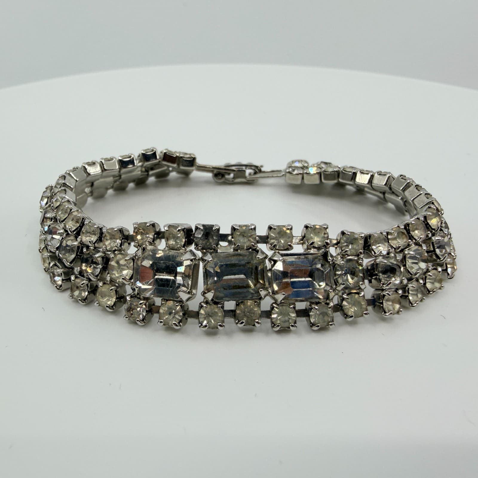 Vintage Silver Tone Smoky Grey Rhinestone Jewelry Set Shoulder Duster Earrings - Thumbnail 2