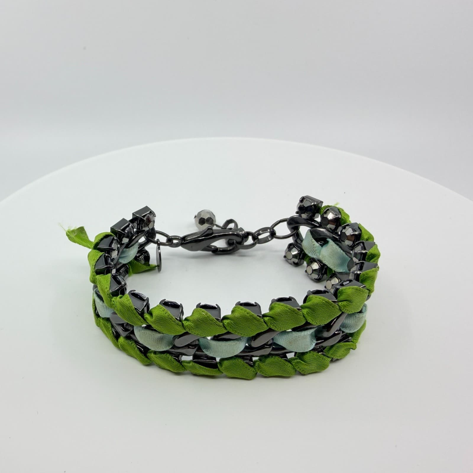 Vintage Gunmetal Green Ribbon Woven Bracelet Rhinestone Statement Mixed Media - Thumbnail 3