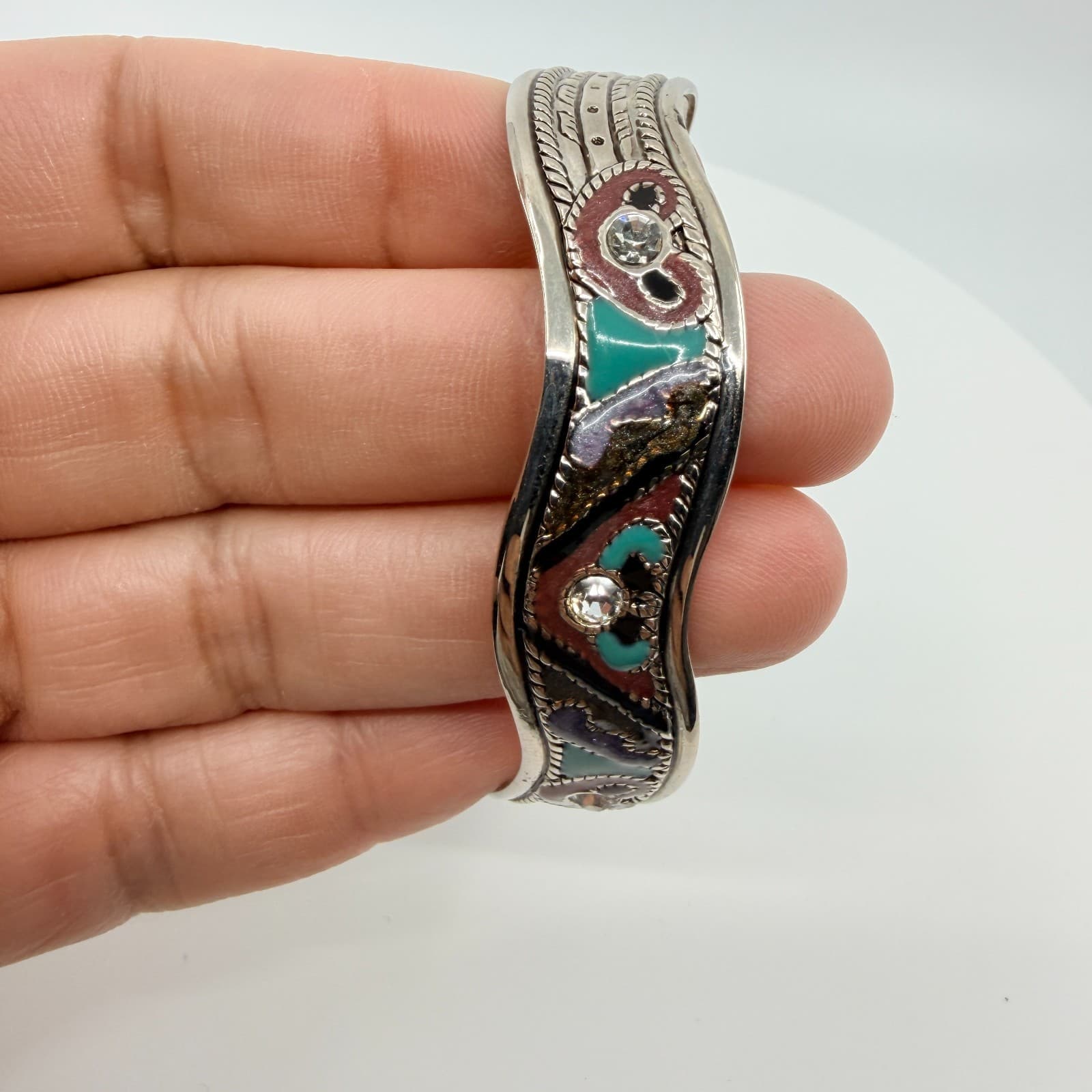 Vintage Silver Tone Tibetan Enamel Rhinestone Cuff Bracelet Ethnic Boho Tribal - Thumbnail 8