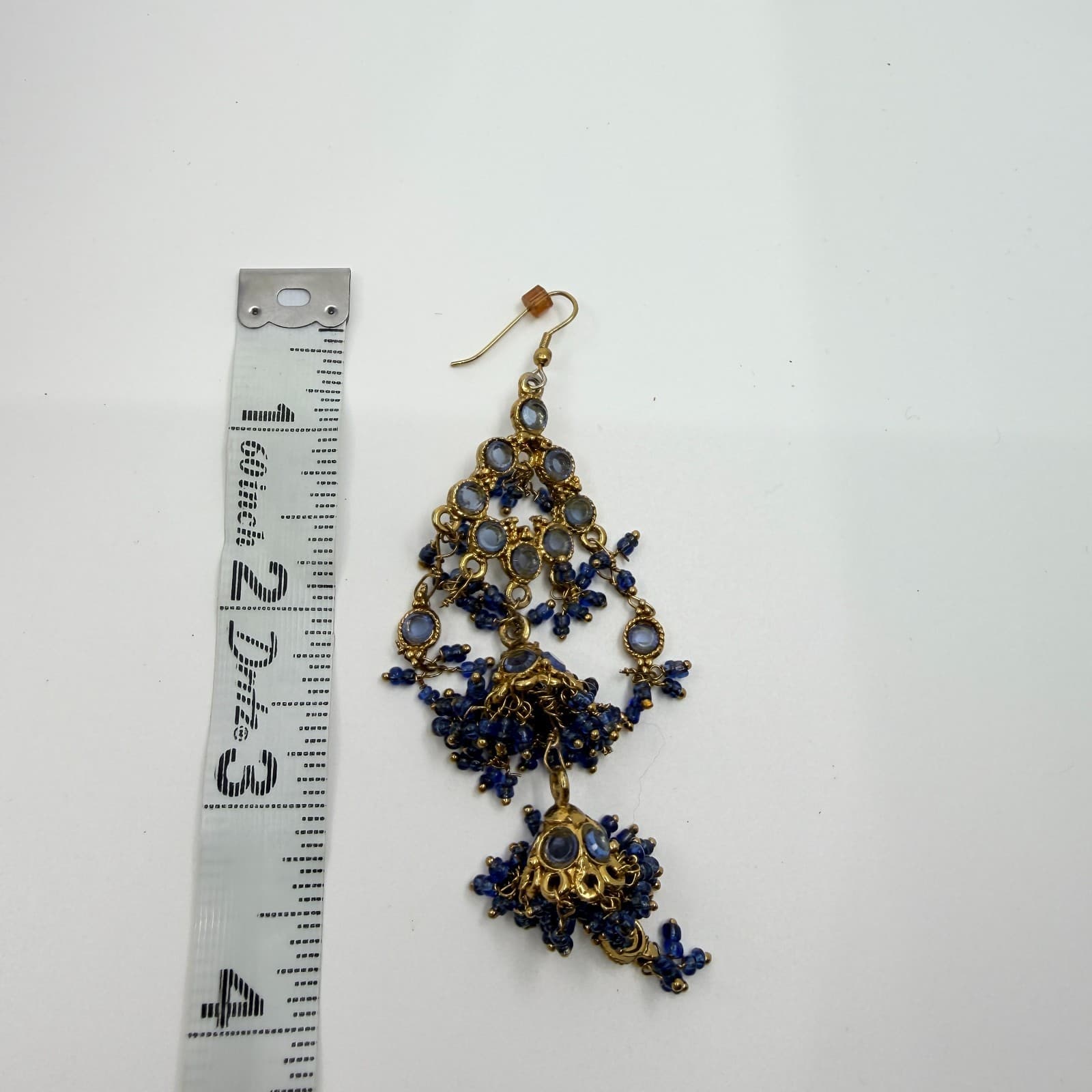 Vintage Gold Tone Blue Beaded Jhumka Earrings Indian Chandelier Dangle Boho Y2K - Thumbnail 11