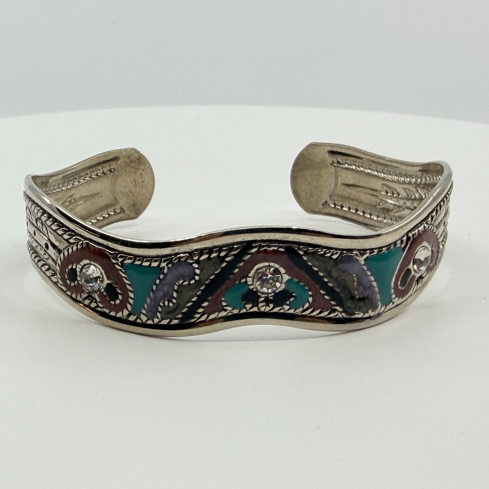 Vintage Silver Tone Tibetan Enamel Rhinestone Cuff Bracelet Ethnic Boho Tribal - Thumbnail 4