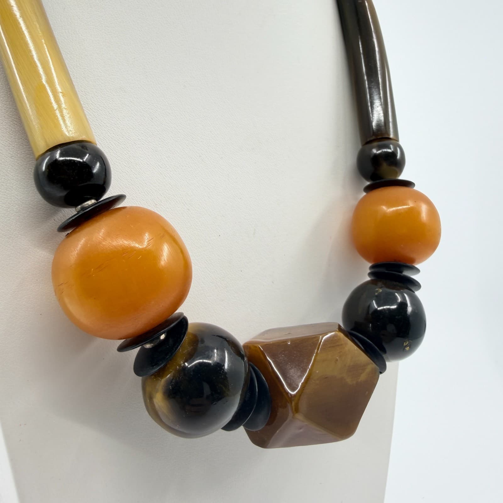 Vintage Chunky Resin Faux Horn Tusk Geometric Bead Statement Necklace Boho 90s - Thumbnail 5