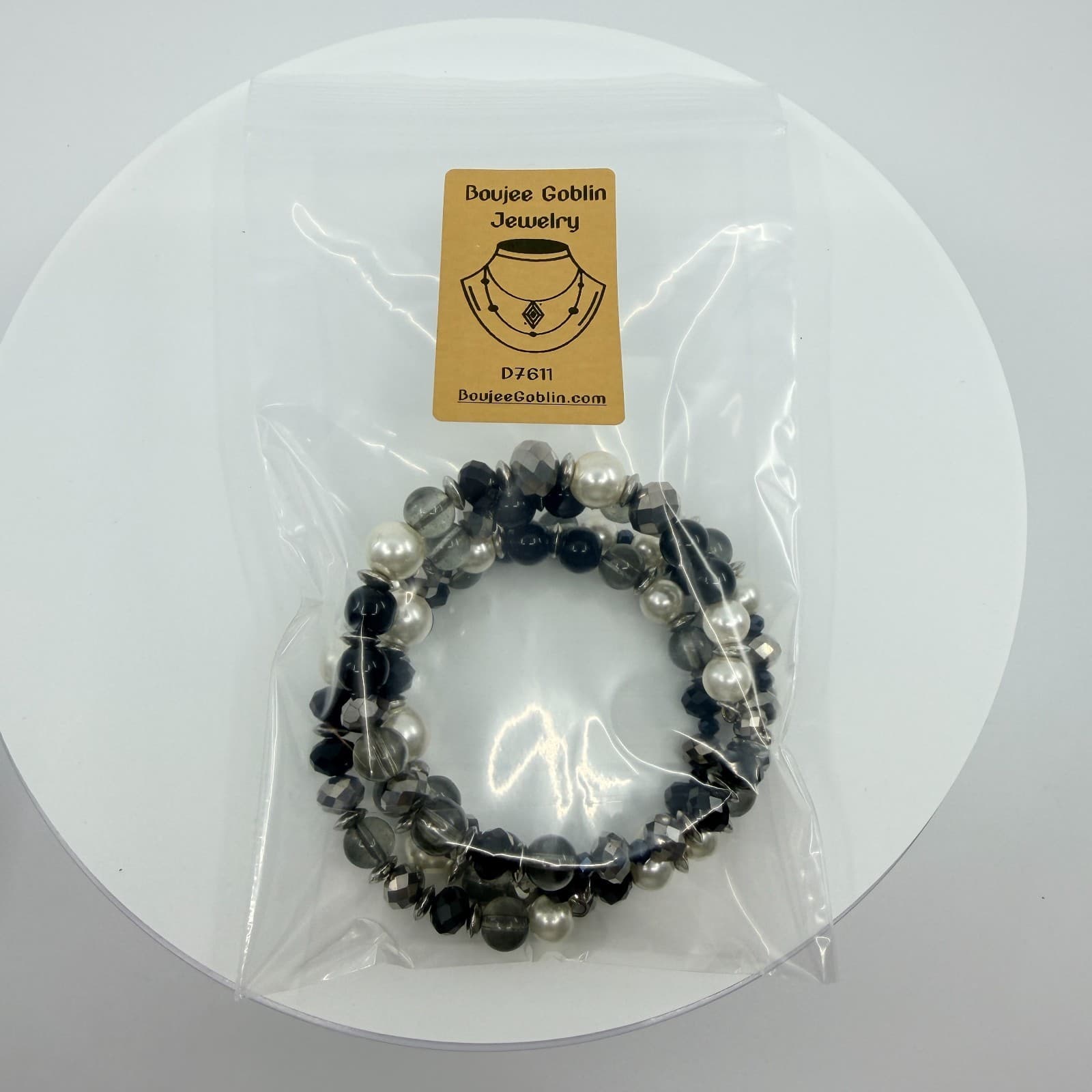 Vintage Silver Tone Black White Faux Pearl Beaded Stretch Bracelet Chunky Bold - Thumbnail 10