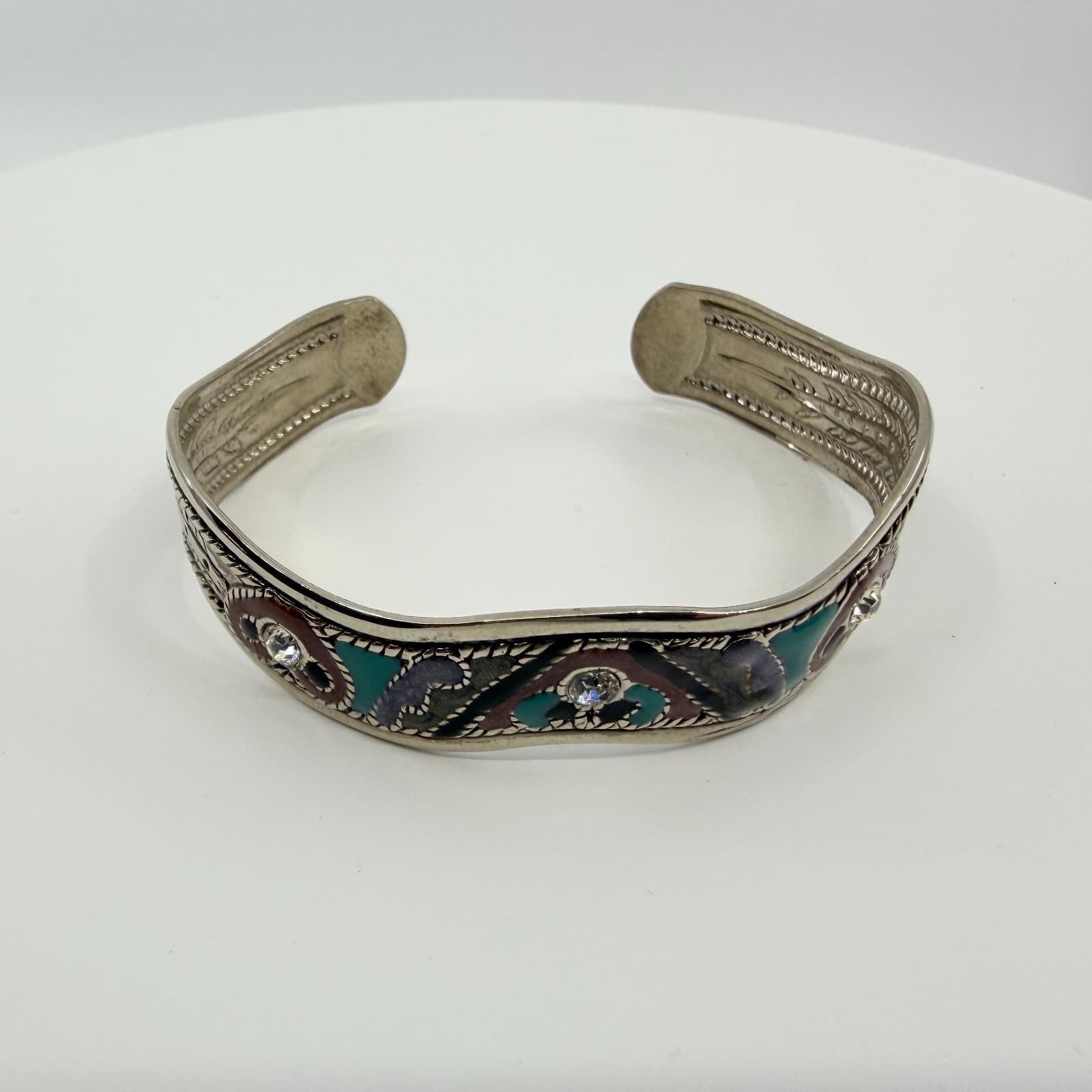 Vintage Silver Tone Tibetan Enamel Rhinestone Cuff Bracelet Ethnic Boho Tribal - Thumbnail 2