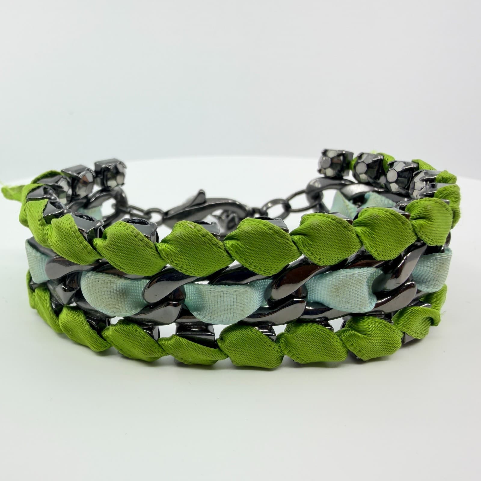 Vintage Gunmetal Green Ribbon Woven Bracelet Rhinestone Statement Mixed Media - Thumbnail 2