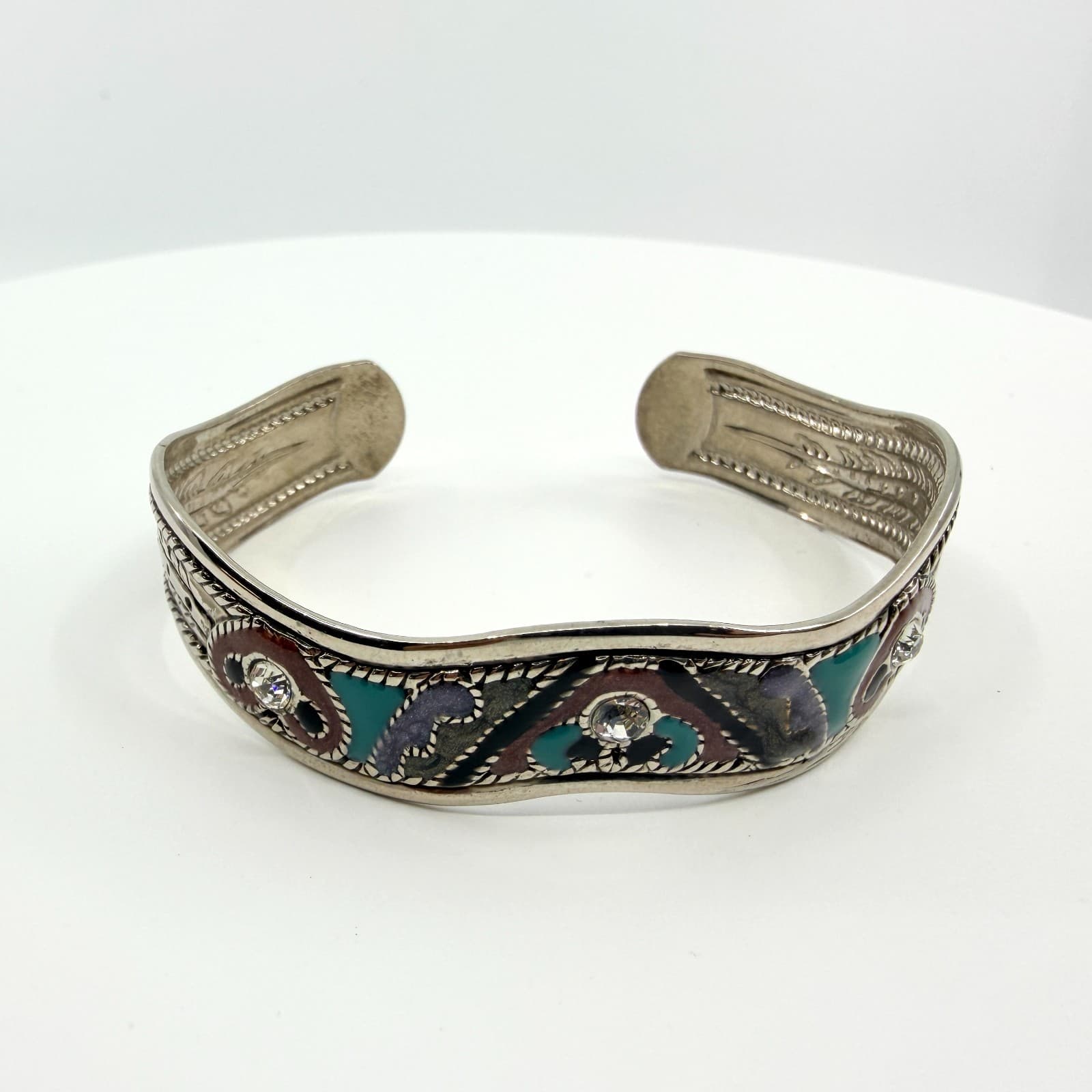 Vintage Silver Tone Tibetan Enamel Rhinestone Cuff Bracelet Ethnic Boho Tribal