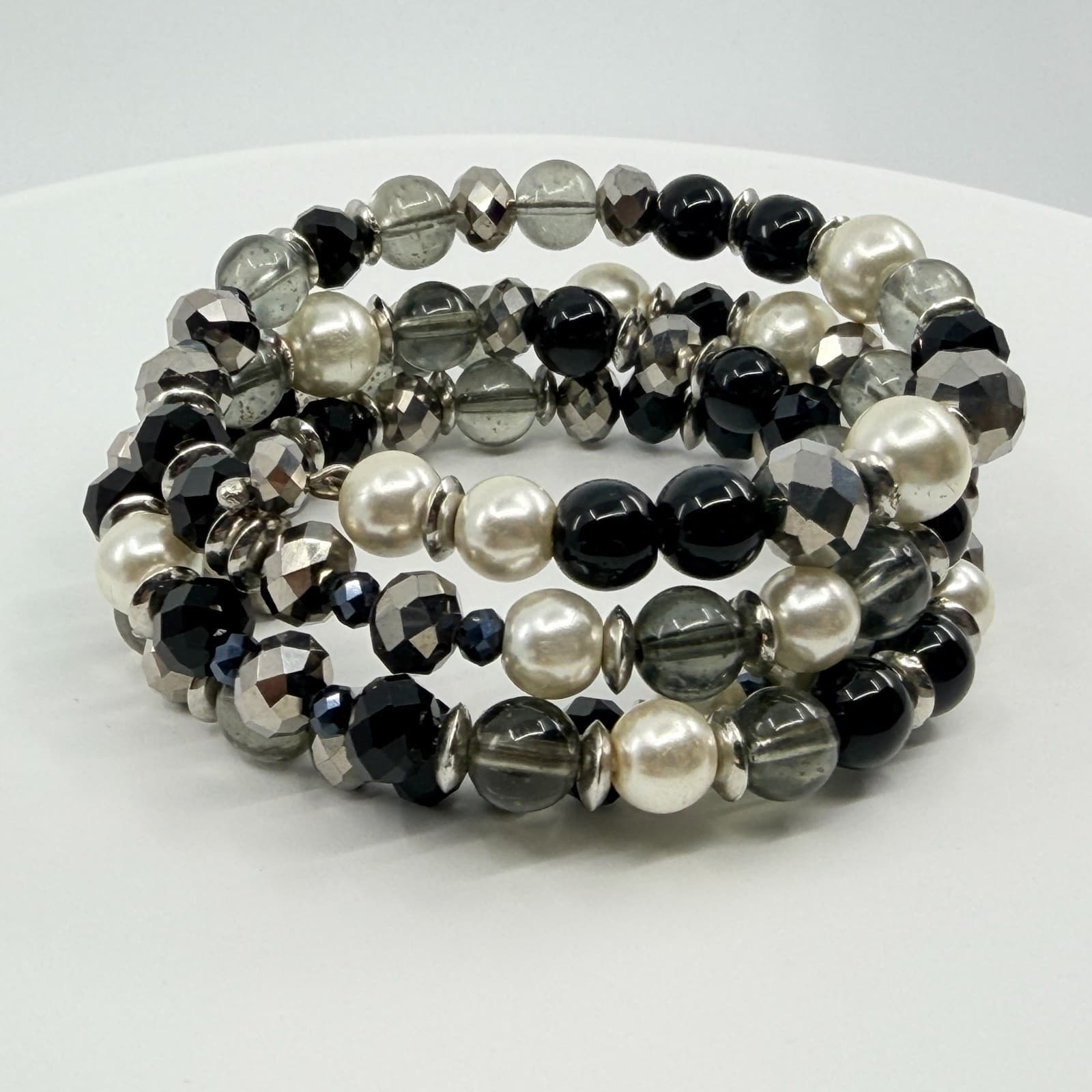 Vintage Silver Tone Black White Faux Pearl Beaded Stretch Bracelet Chunky Bold - Thumbnail 6