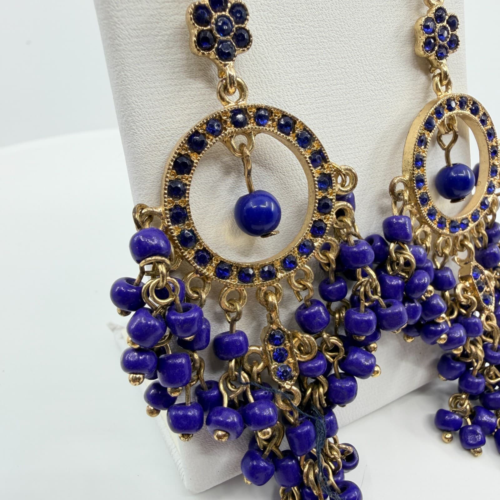 Vintage Gold Tone Blue Beaded Jhumka Earrings Indian Chandelier Dangle Boho Y2K - Thumbnail 3