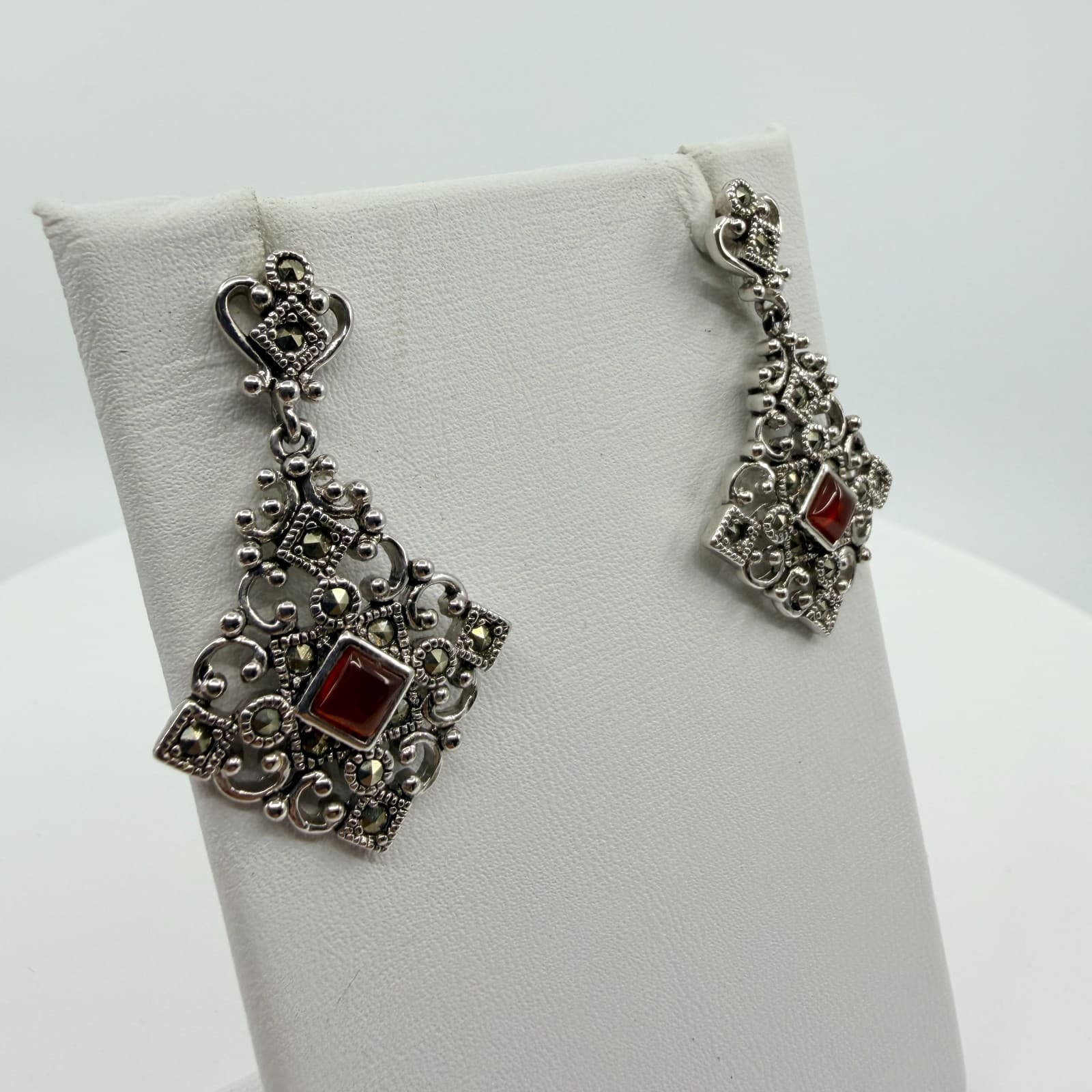Vintage Silver Tone Red Stone Jewelry Set Victorian Style Filigree Earrings Boho - Thumbnail 4
