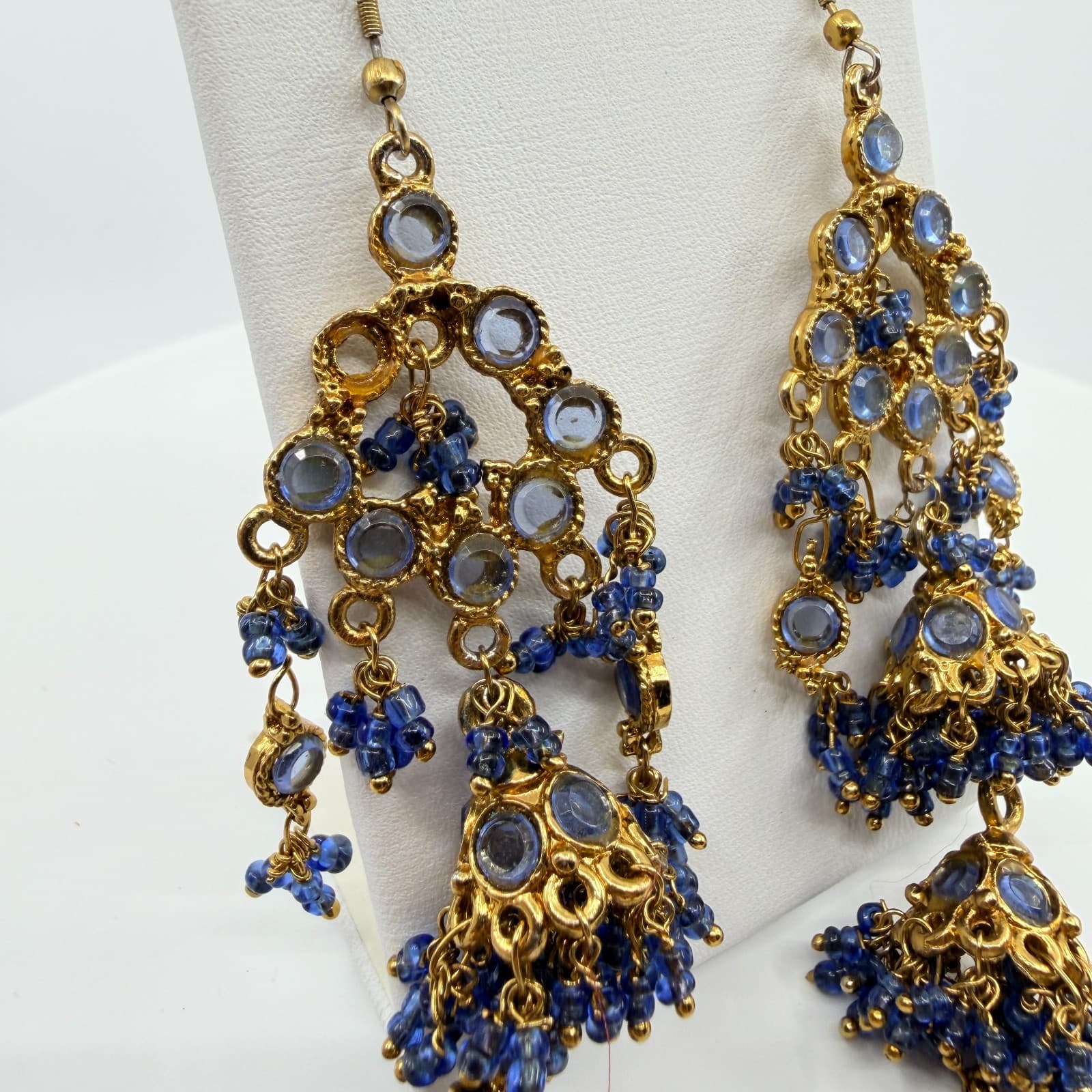 Vintage Gold Tone Blue Beaded Jhumka Earrings Indian Chandelier Dangle Boho Y2K - Thumbnail 9