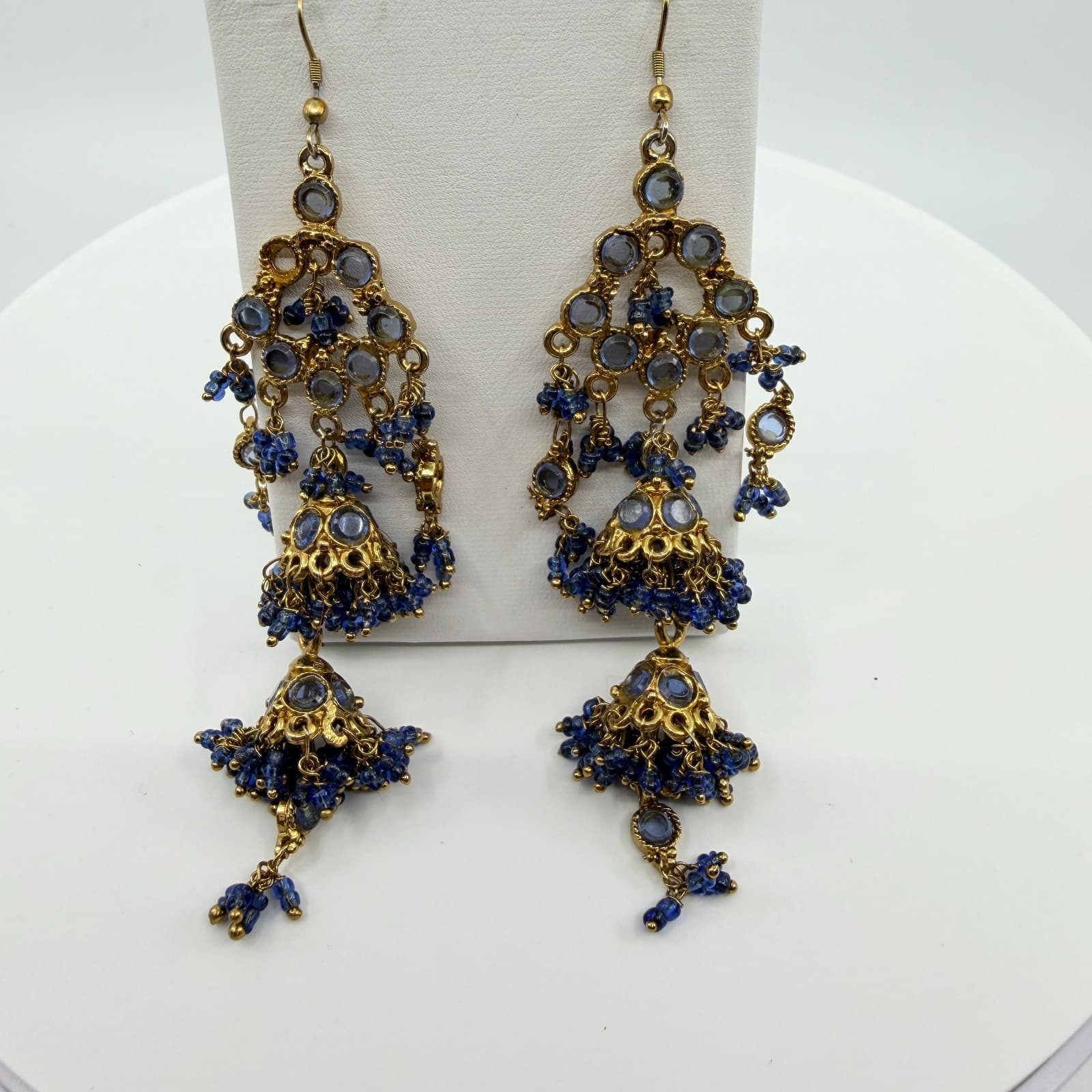 Vintage Gold Tone Blue Beaded Jhumka Earrings Indian Chandelier Dangle Boho Y2K - Thumbnail 7