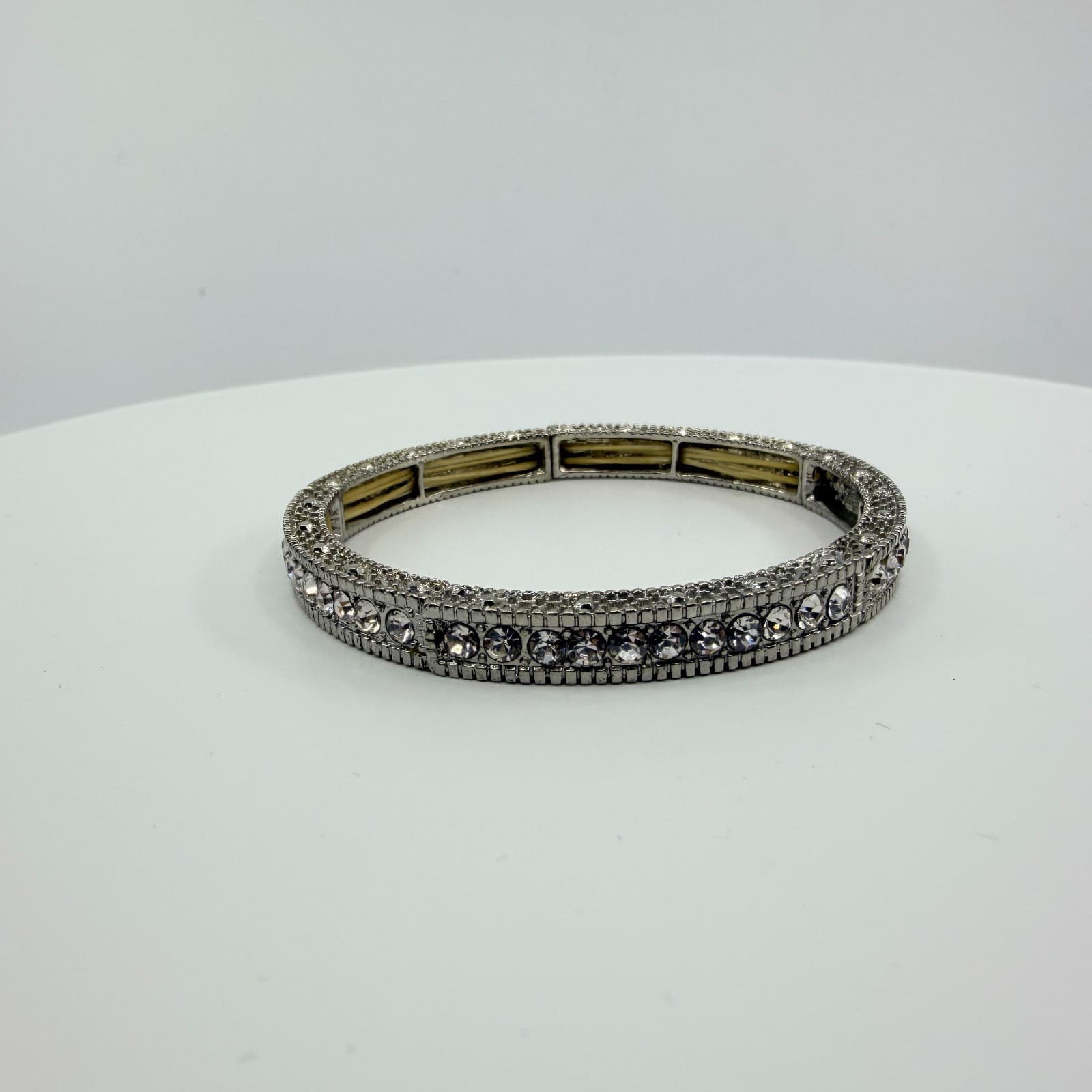 Vintage Silver Tone Clear Rhinestone Stretch Bracelet Pave Panel Statement 90s - Thumbnail 5