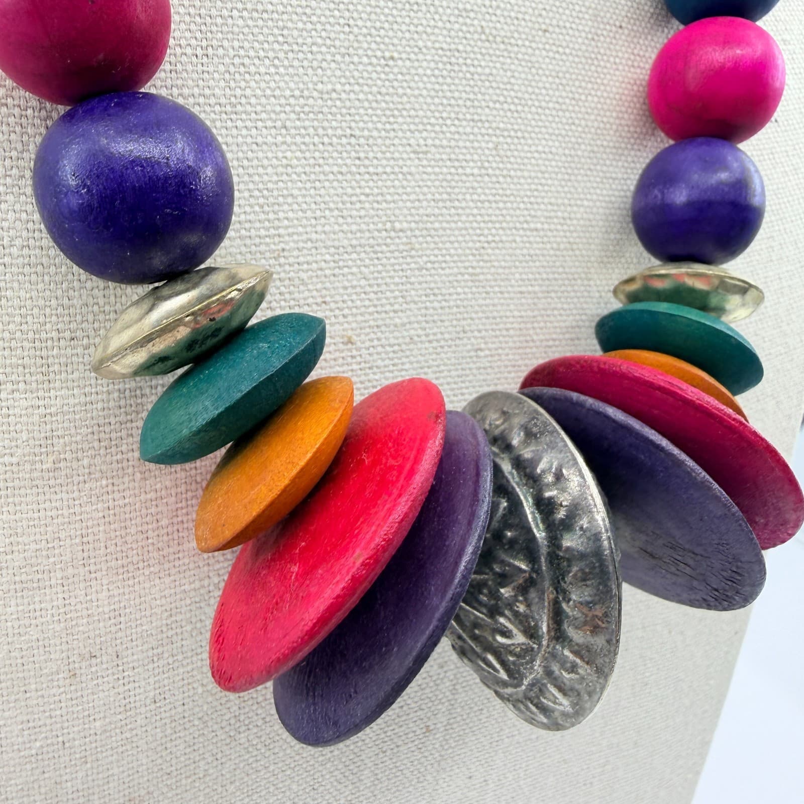 Vintage Multicolor Wood Bead Necklace Chunky Statement Boho Ethnic Tribal 90s - Thumbnail 5