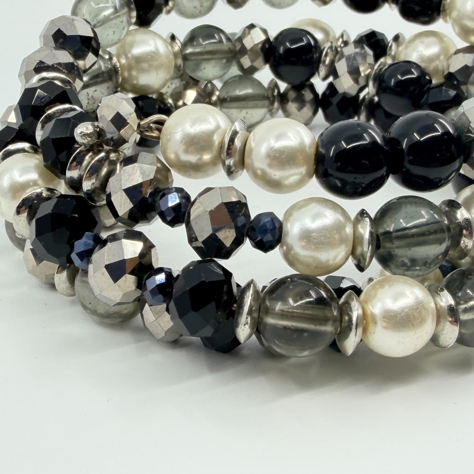 Vintage Silver Tone Black White Faux Pearl Beaded Stretch Bracelet Chunky Bold - Thumbnail 7