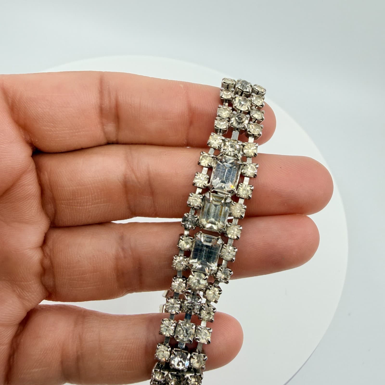 Vintage Silver Tone Smoky Grey Rhinestone Jewelry Set Shoulder Duster Earrings - Thumbnail 8