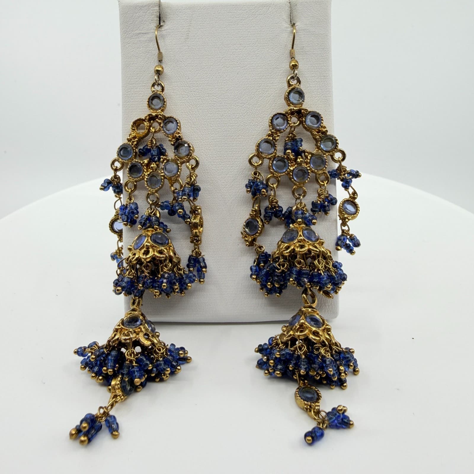 Vintage Gold Tone Blue Beaded Jhumka Earrings Indian Chandelier Dangle Boho Y2K - Thumbnail 6