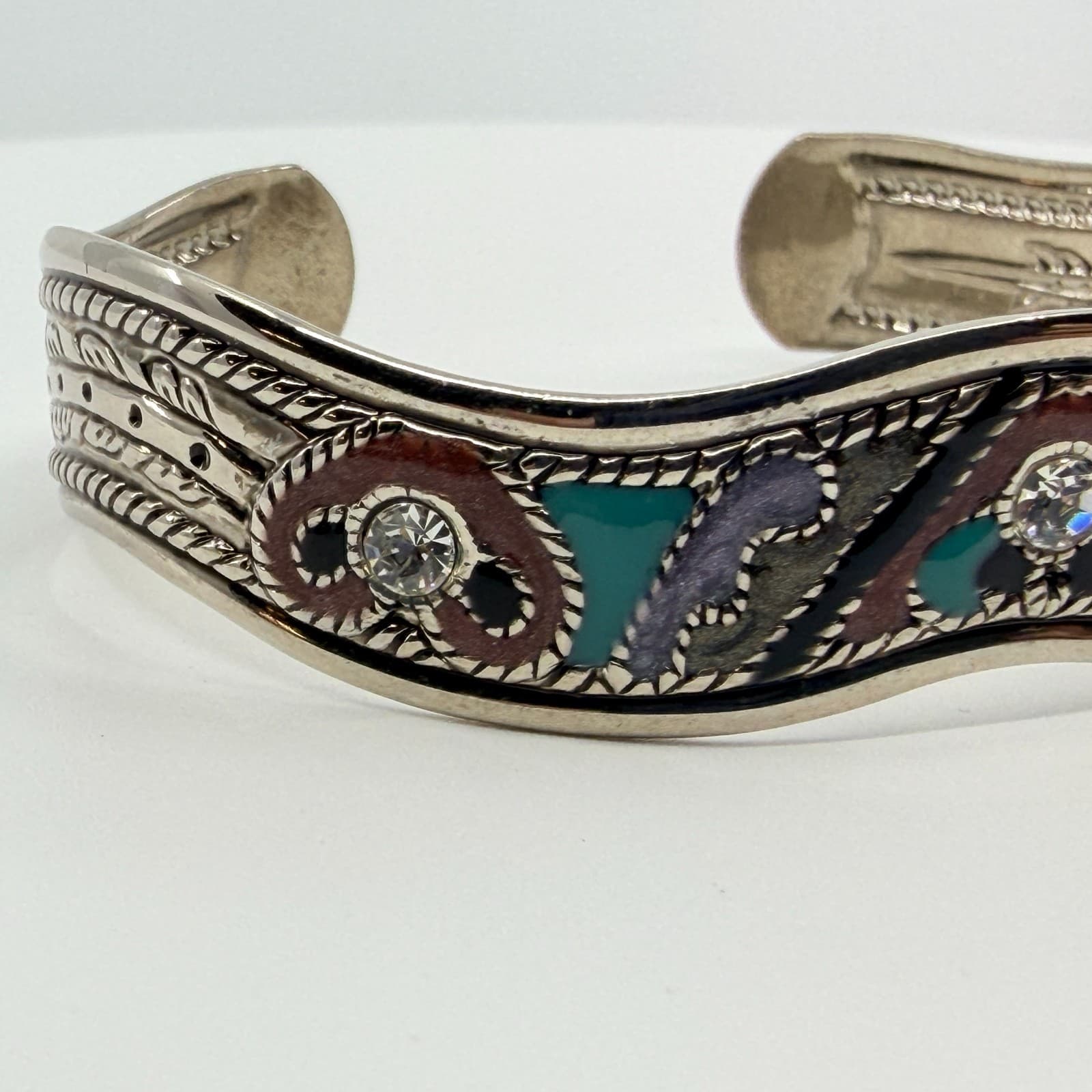 Vintage Silver Tone Tibetan Enamel Rhinestone Cuff Bracelet Ethnic Boho Tribal - Thumbnail 5