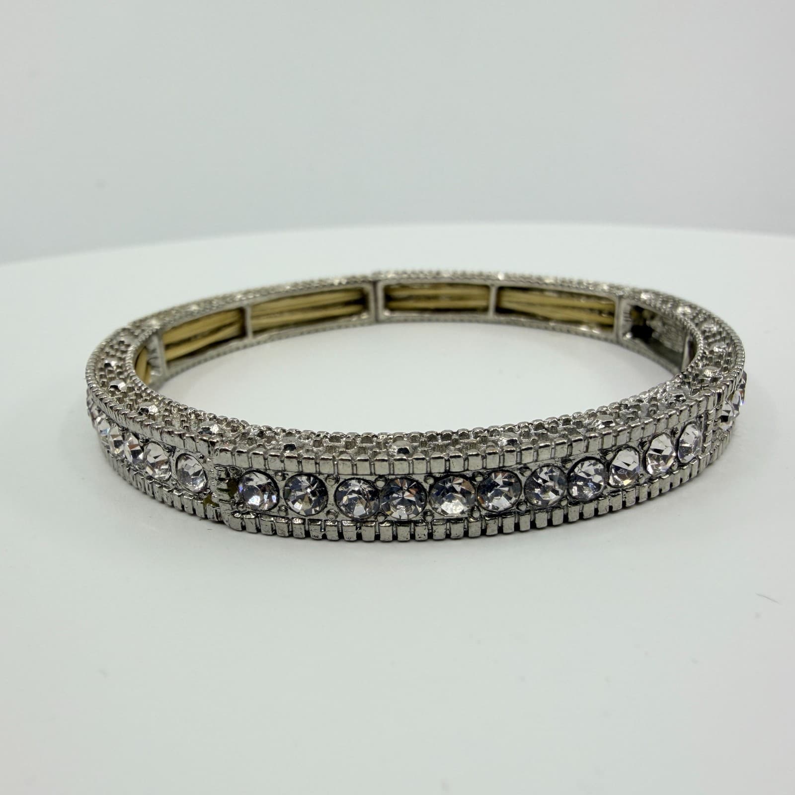 Vintage Silver Tone Clear Rhinestone Stretch Bracelet Pave Panel Statement 90s - Thumbnail 4