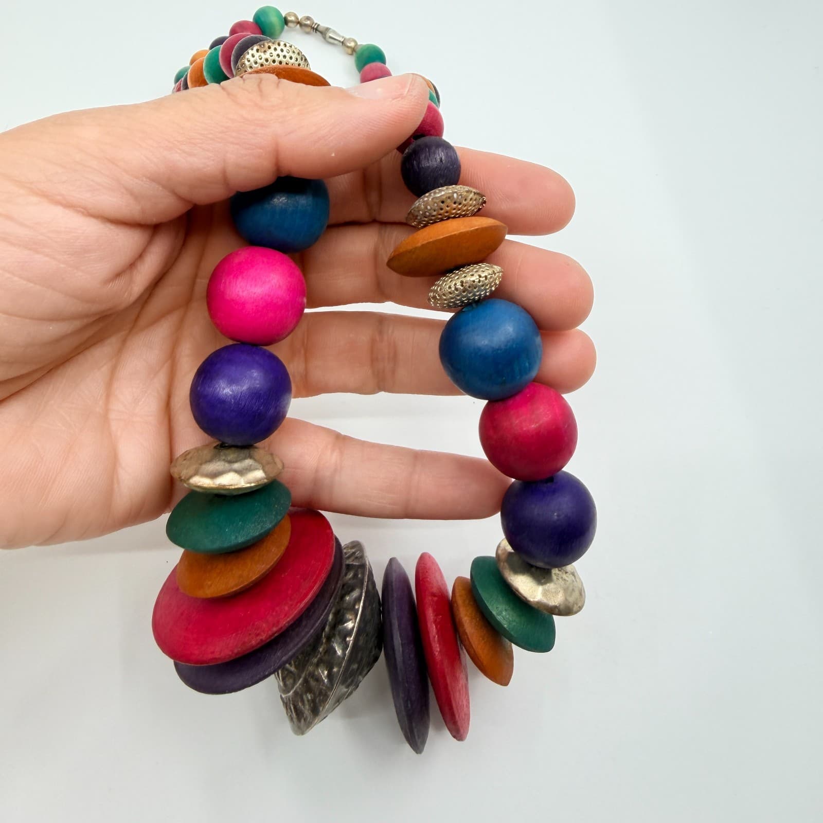Vintage Multicolor Wood Bead Necklace Chunky Statement Boho Ethnic Tribal 90s - Thumbnail 12