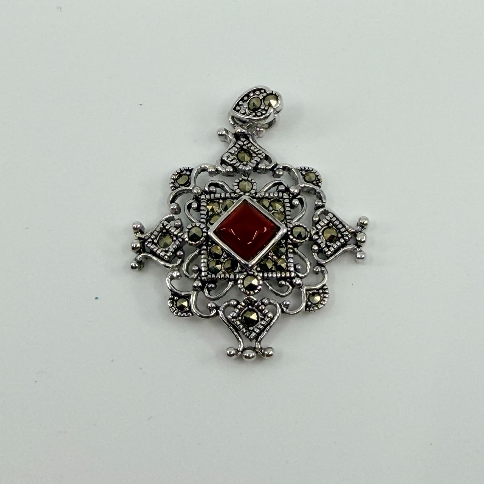 Vintage Silver Tone Red Stone Jewelry Set Victorian Style Filigree Earrings Boho - Thumbnail 6