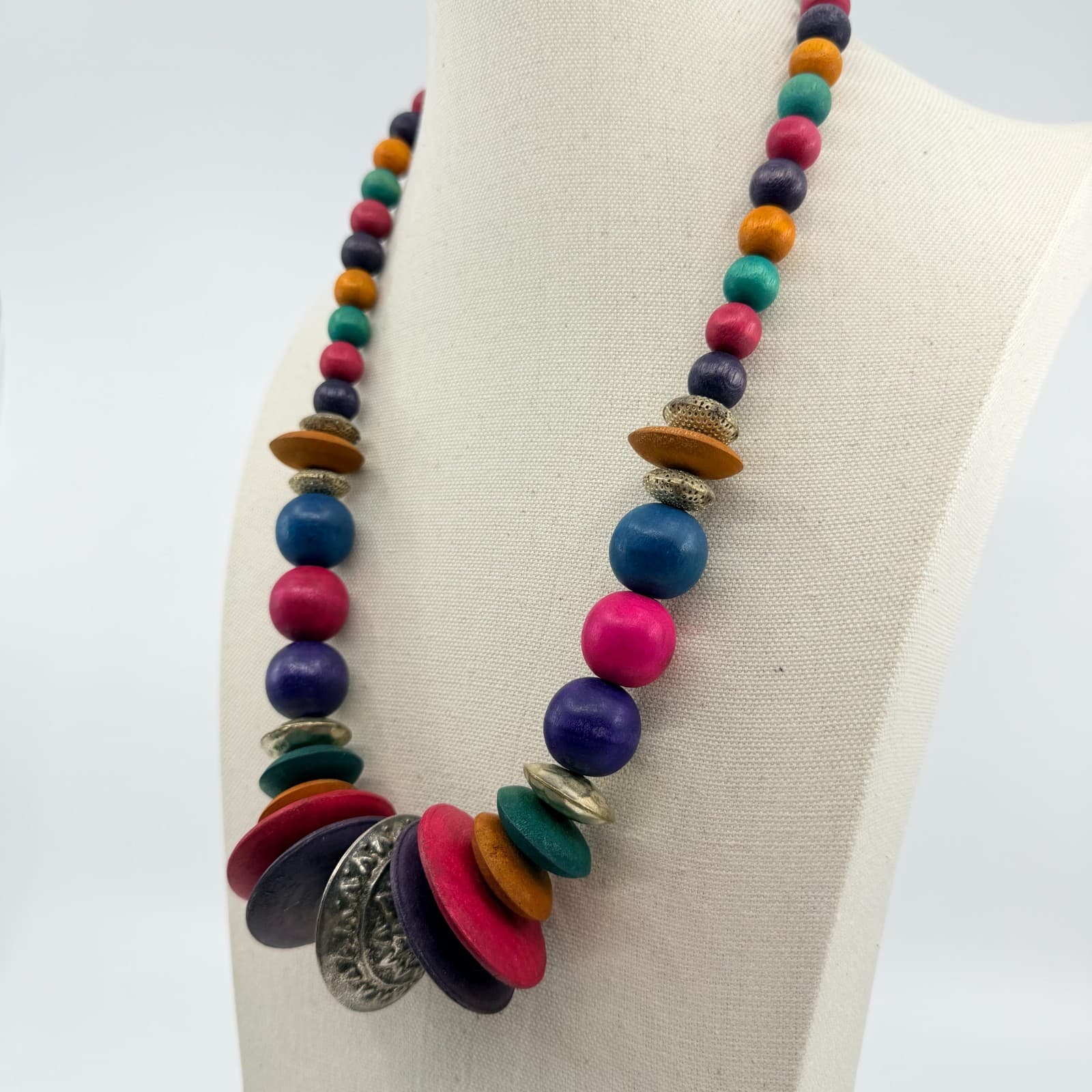 Vintage Multicolor Wood Bead Necklace Chunky Statement Boho Ethnic Tribal 90s - Thumbnail 9