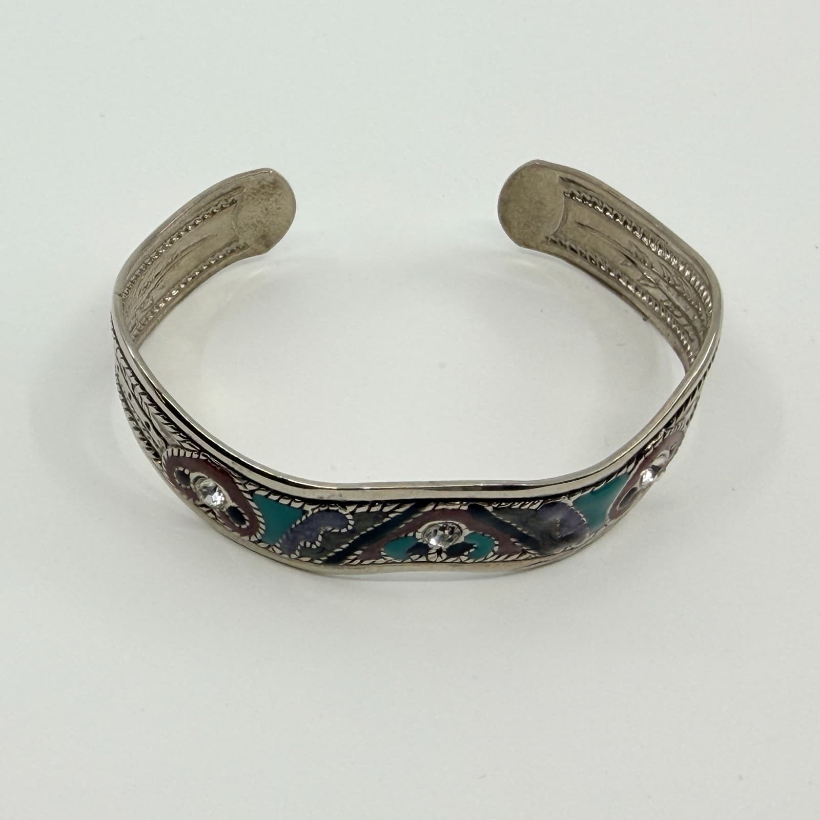 Vintage Silver Tone Tibetan Enamel Rhinestone Cuff Bracelet Ethnic Boho Tribal - Thumbnail 3