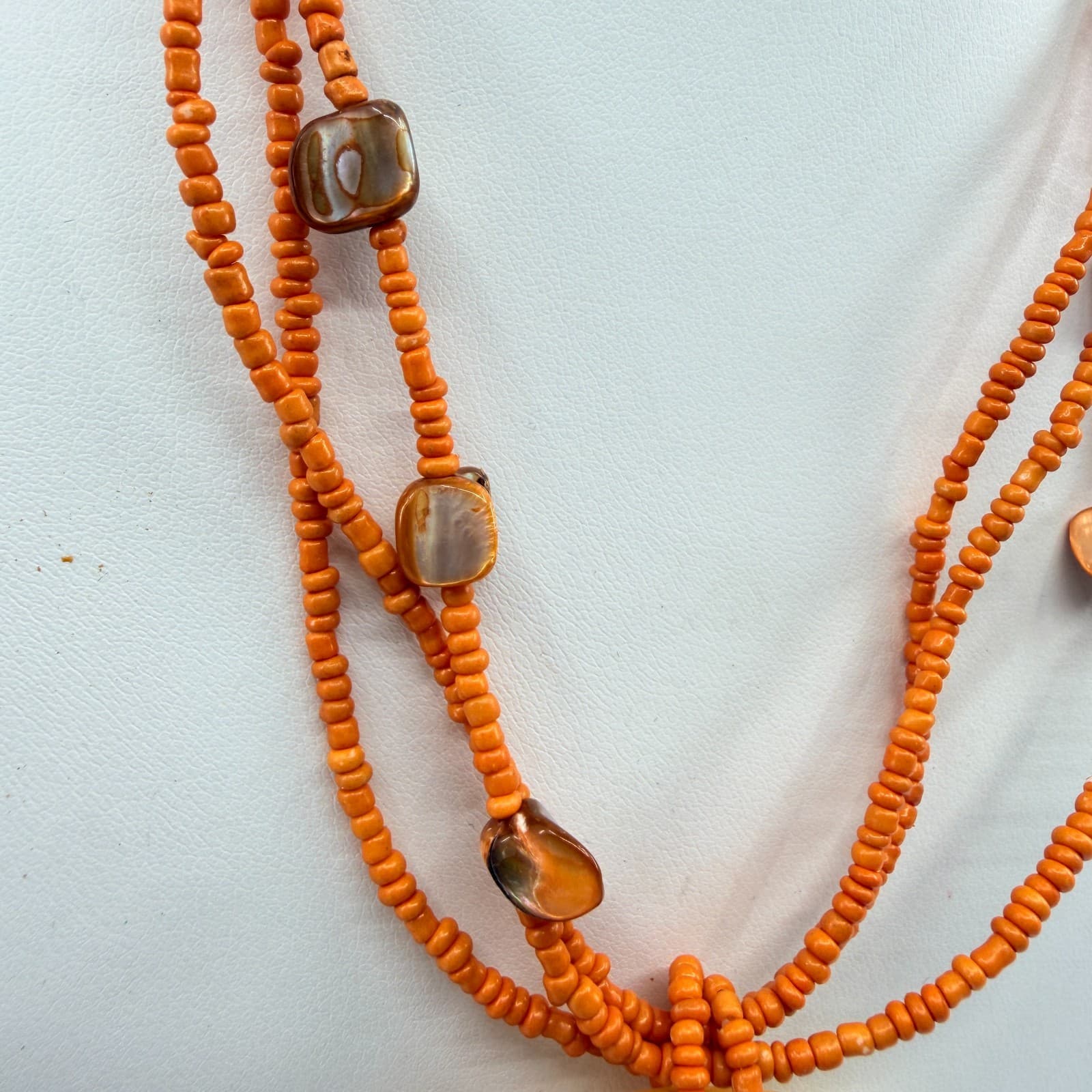 Vintage Orange Multi Strand Seed Bead Necklace Shell Circle Pendant Boho Retro - Thumbnail 5