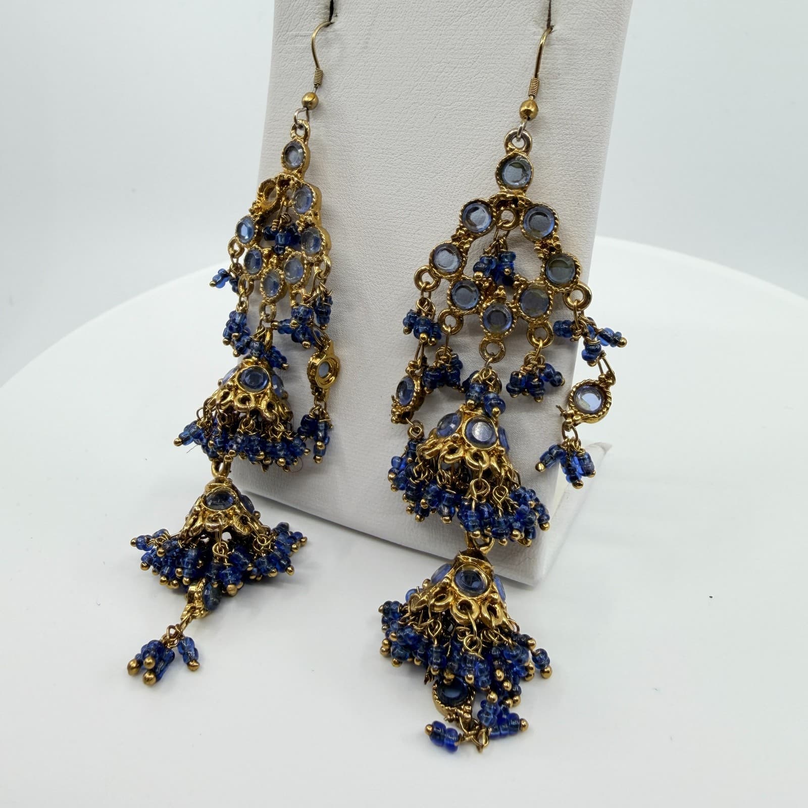 Vintage Gold Tone Blue Beaded Jhumka Earrings Indian Chandelier Dangle Boho Y2K - Thumbnail 10