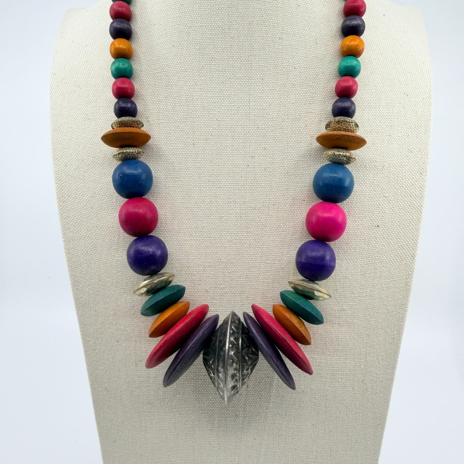 Vintage Multicolor Wood Bead Necklace Chunky Statement Boho Ethnic Tribal 90s - Thumbnail 2